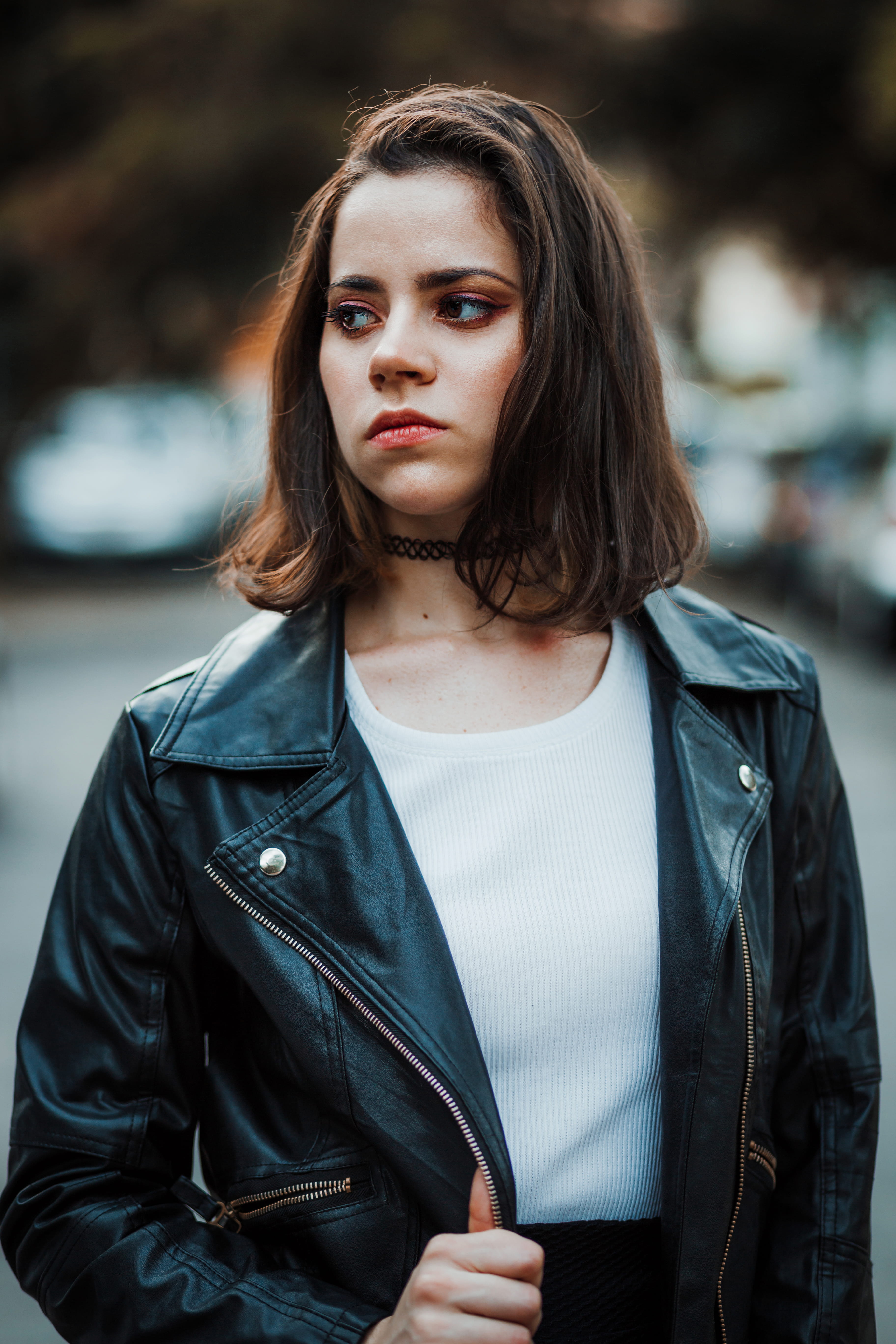 focus, photoshoot, focus on foreground, hair, casual clothing, fashion, woman, lady, pretty, leather jacket, choker, front view, portrait, black leather jacket, Phone HD Wallpaper