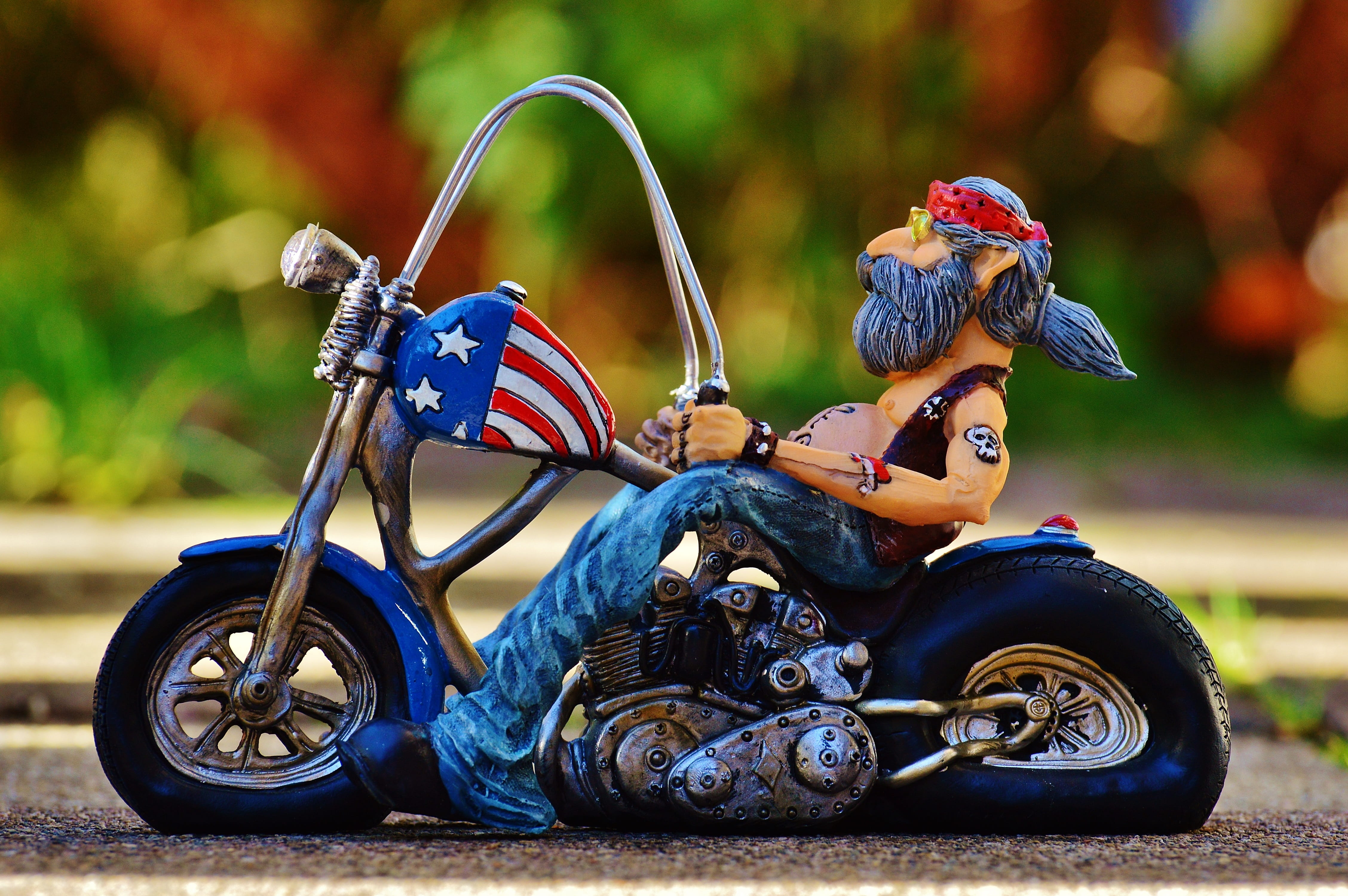 figure, one person, headwear, America, jeans, happiness, riding, decor, motorcycle, smiling, sit, blue, people, childhood, casual, two wheeled vehicle, HD Wallpaper