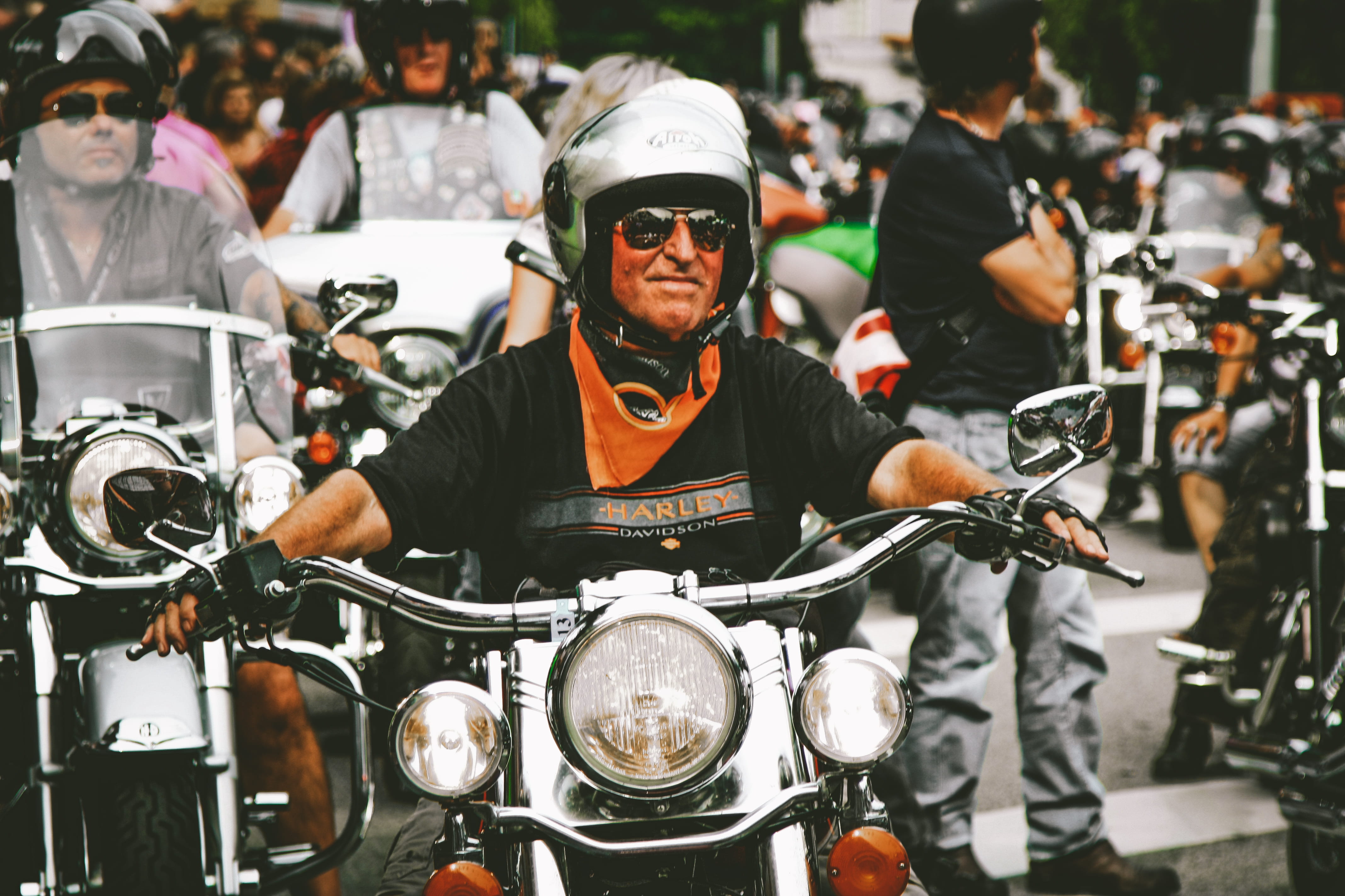 transportation, chopper, harley davidson, drive, metallic, chrome, side mirrors, depth of field, motorcycle, crowd, city, focus, focus on foreground, incidental people, HD Wallpaper