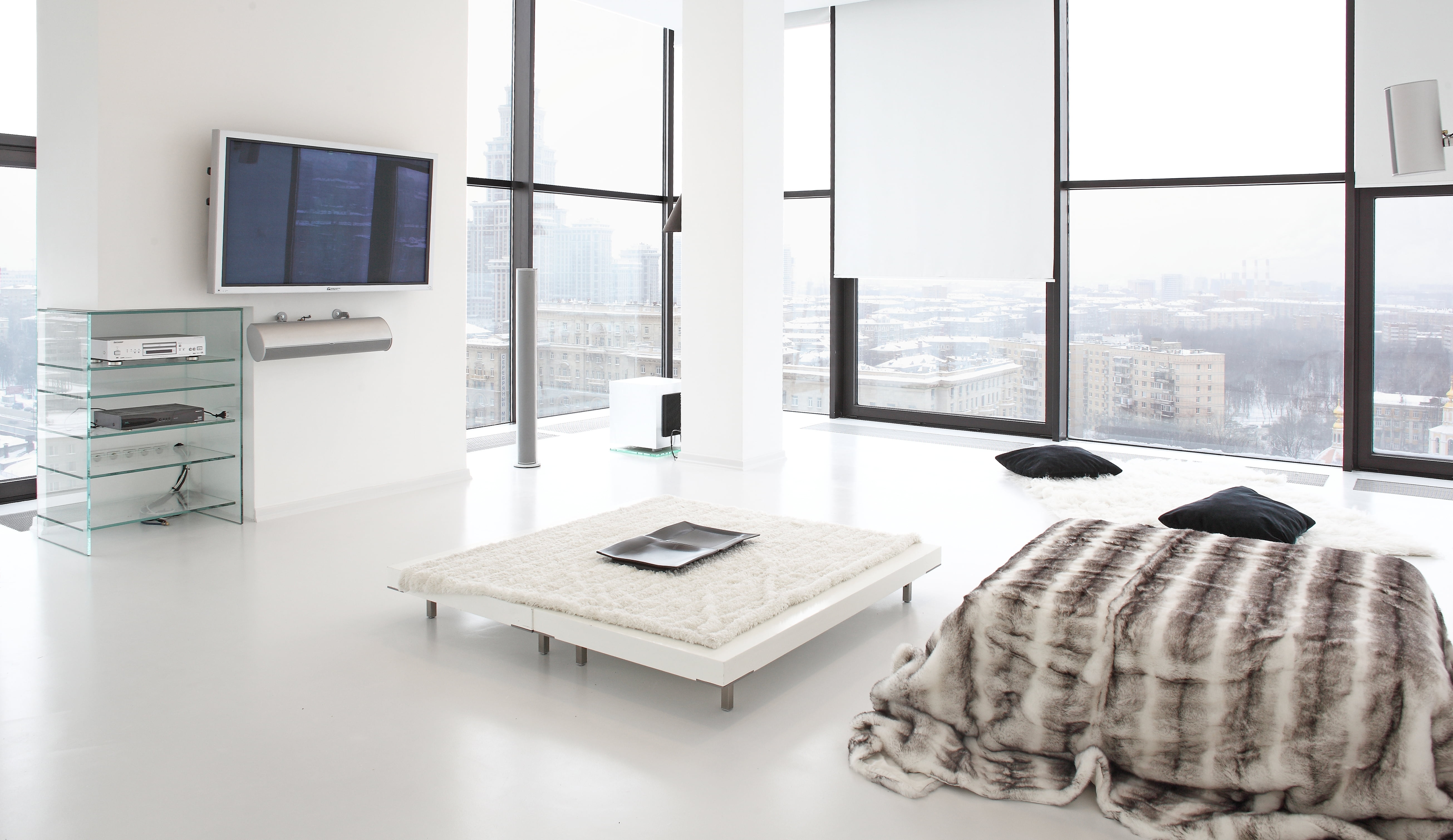 decor, bedding, relaxation, living Room, residential Building, office, sparse, empty, coffee, space, house, tv, 5K, seat, wide, desk, modern, nature, apartment, HD Wallpaper