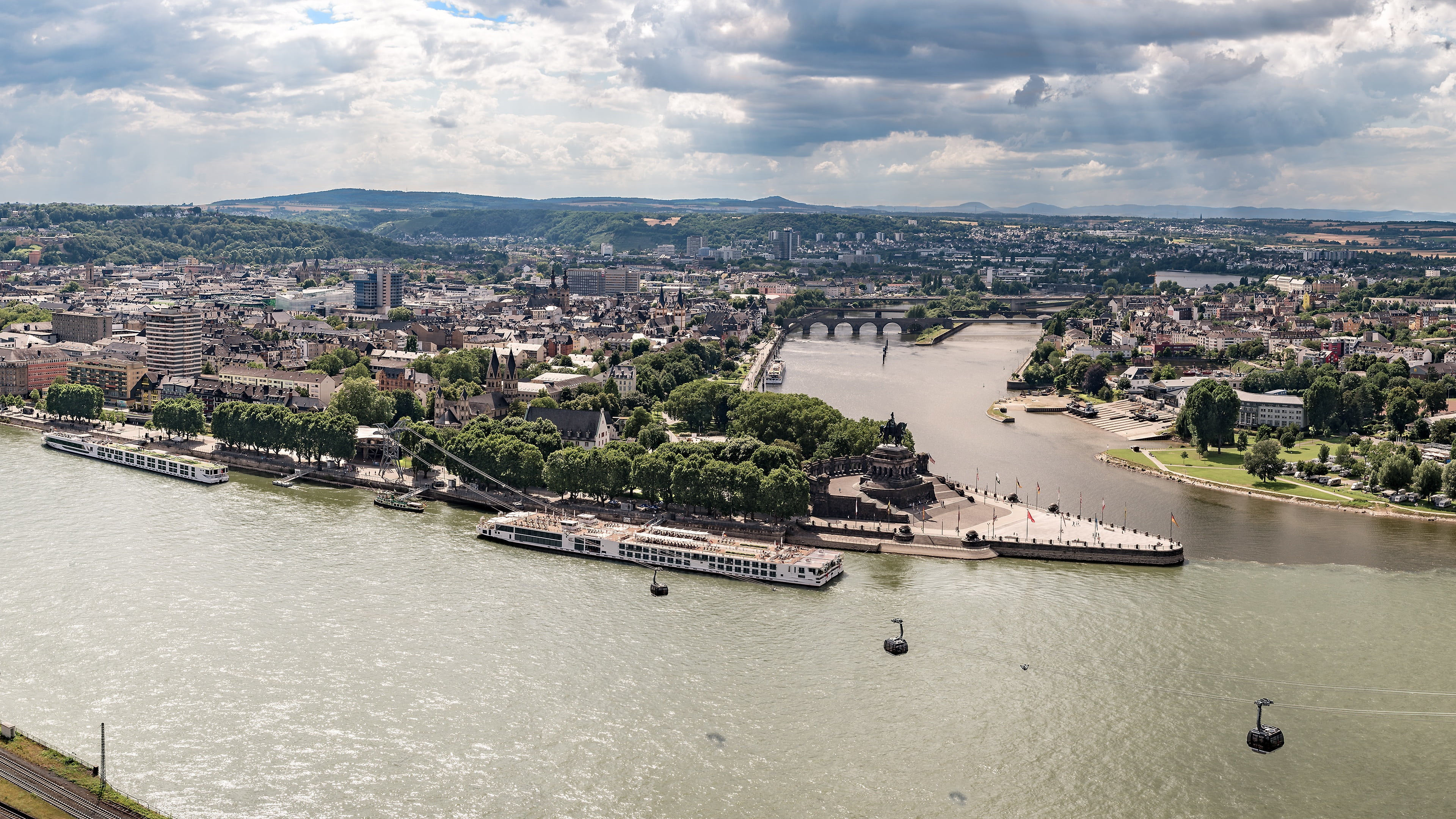 built structure, travel destinations, rhine, architecture, german corner, river, travel, cable car, nautical vessel, high angle view, aerial view, cityscape, HD Wallpaper