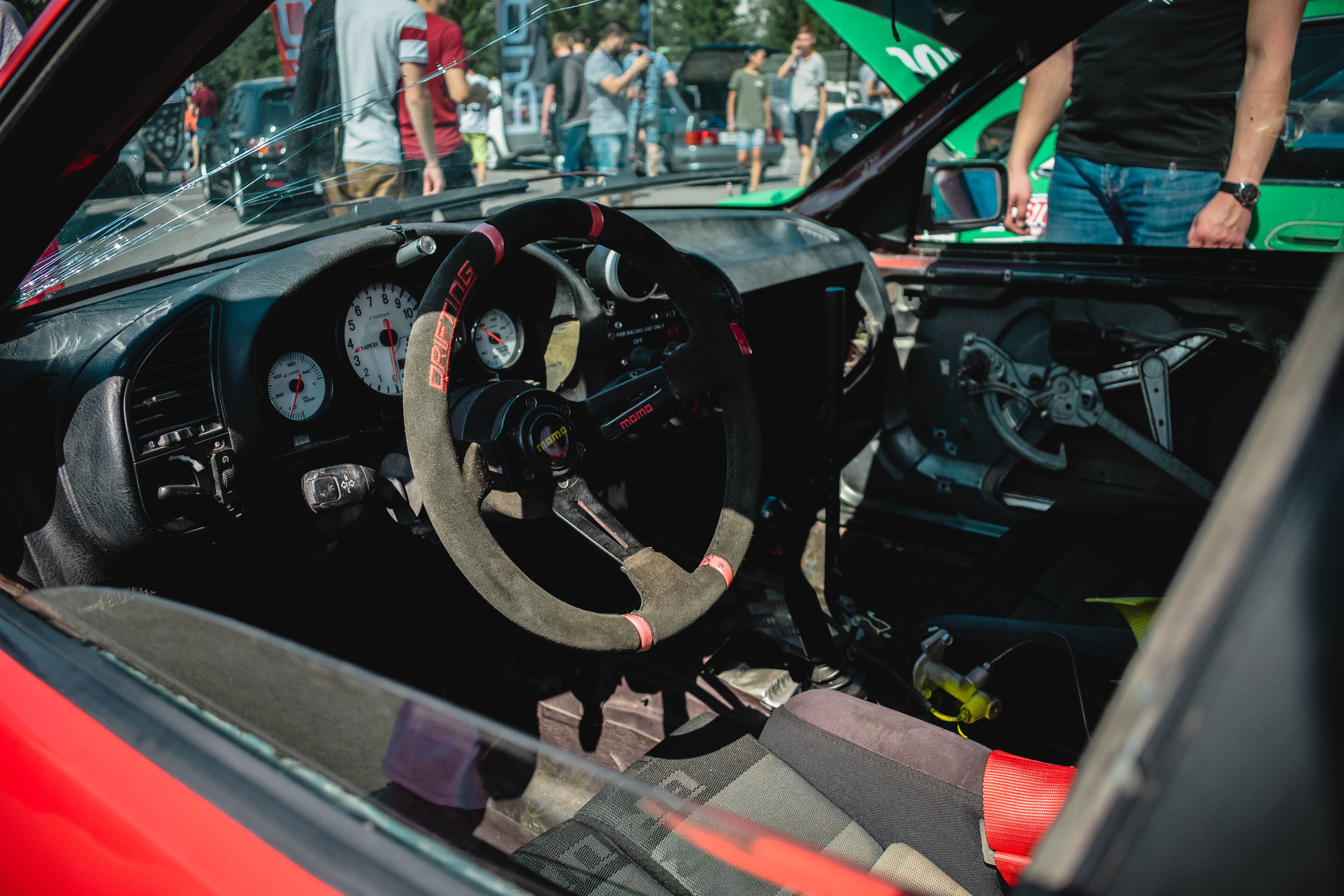 tuning, drift, exterior, motor, sport car, car, red, repairing, transportation, steering wheel, stationary, car show, outdoors, land vehicle, engine, men, HD Wallpaper
