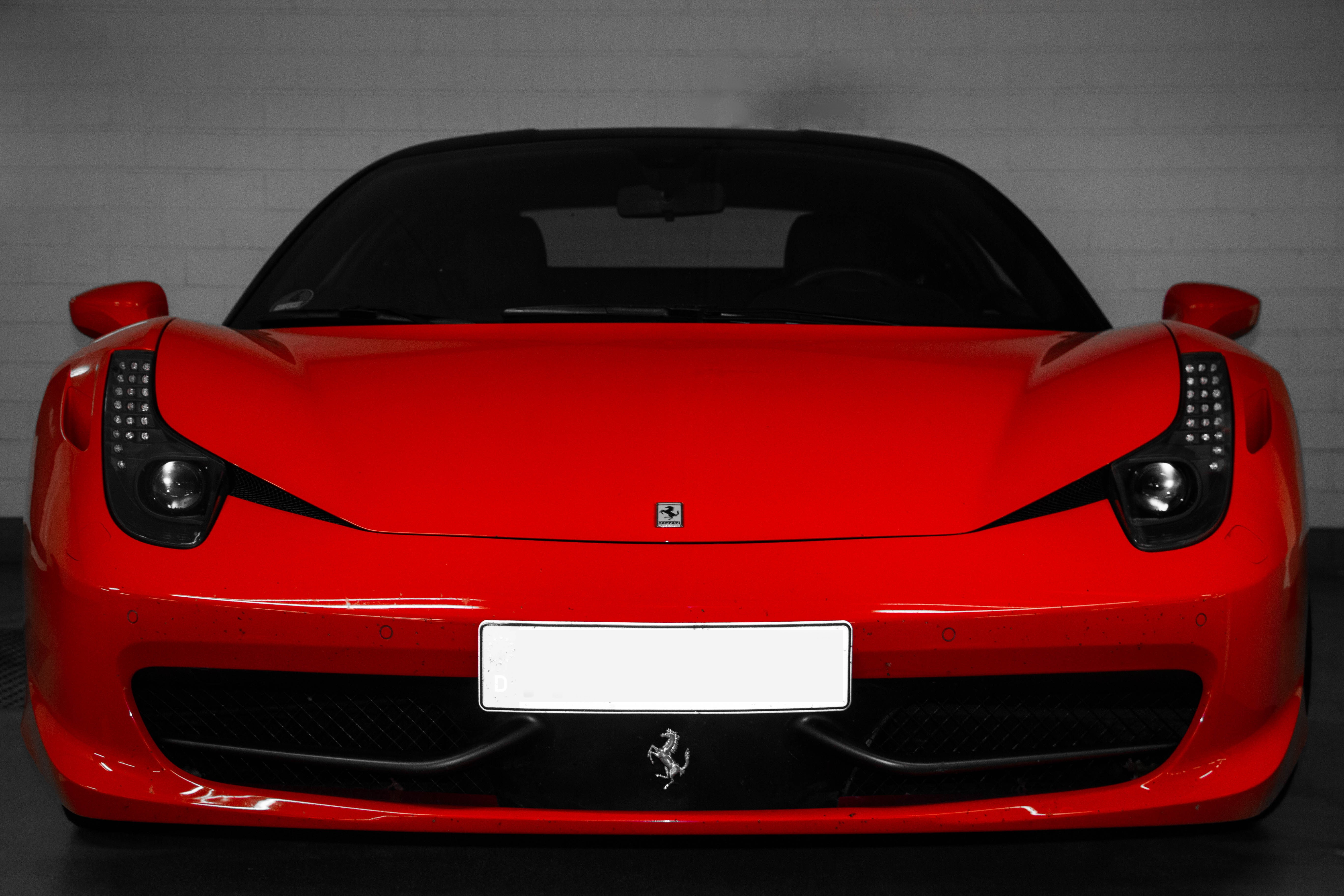 car, mode of transportation, shiny, Ferrari, stationary, wheel, red, Ferrari 458, glass - material, 5K, close-up, convertible, modern, indoors, no people, HD Wallpaper