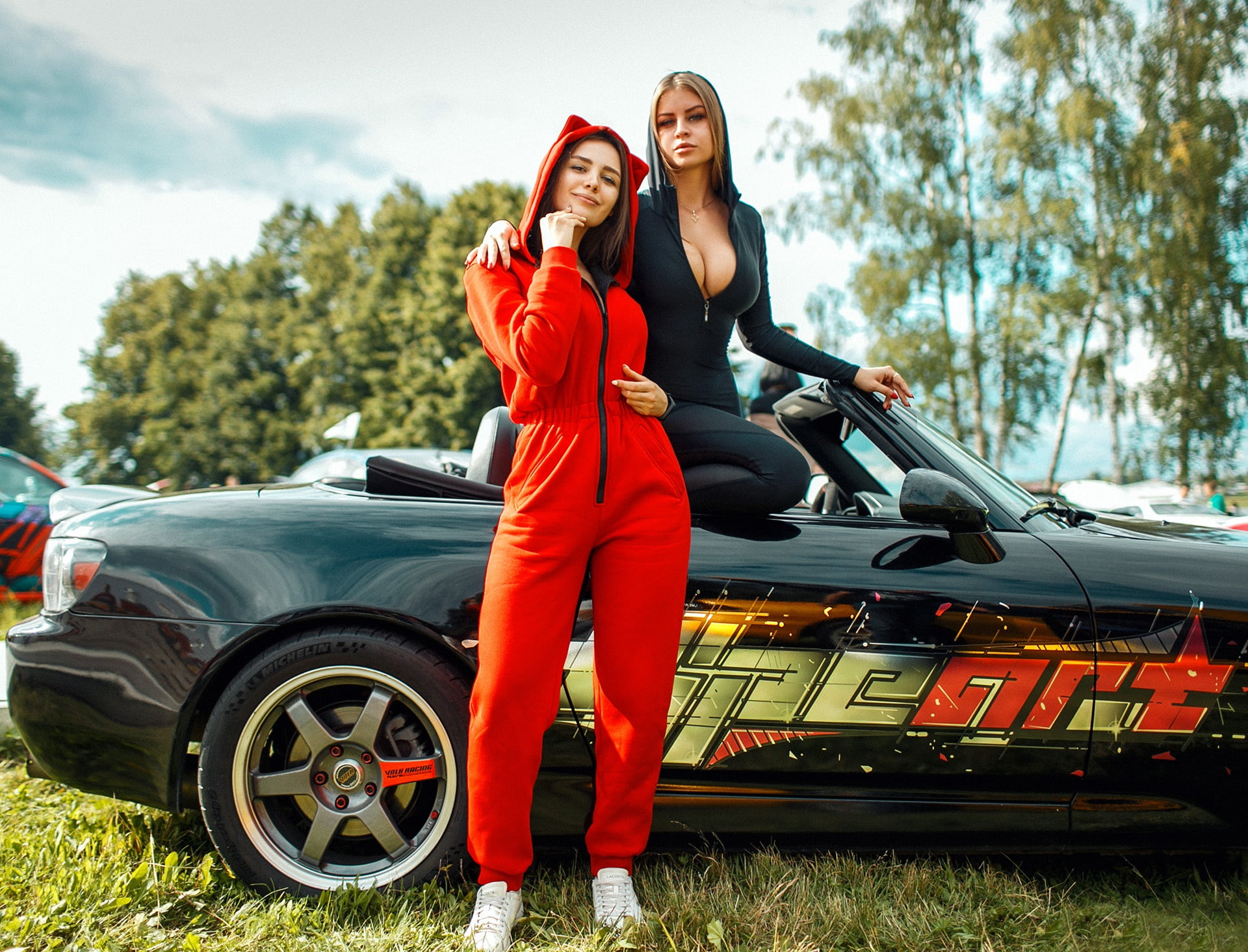 jumpsuit, Dmitry Filatov, 1080P, girls, machine, pose, convertible, auto, HD Wallpaper
