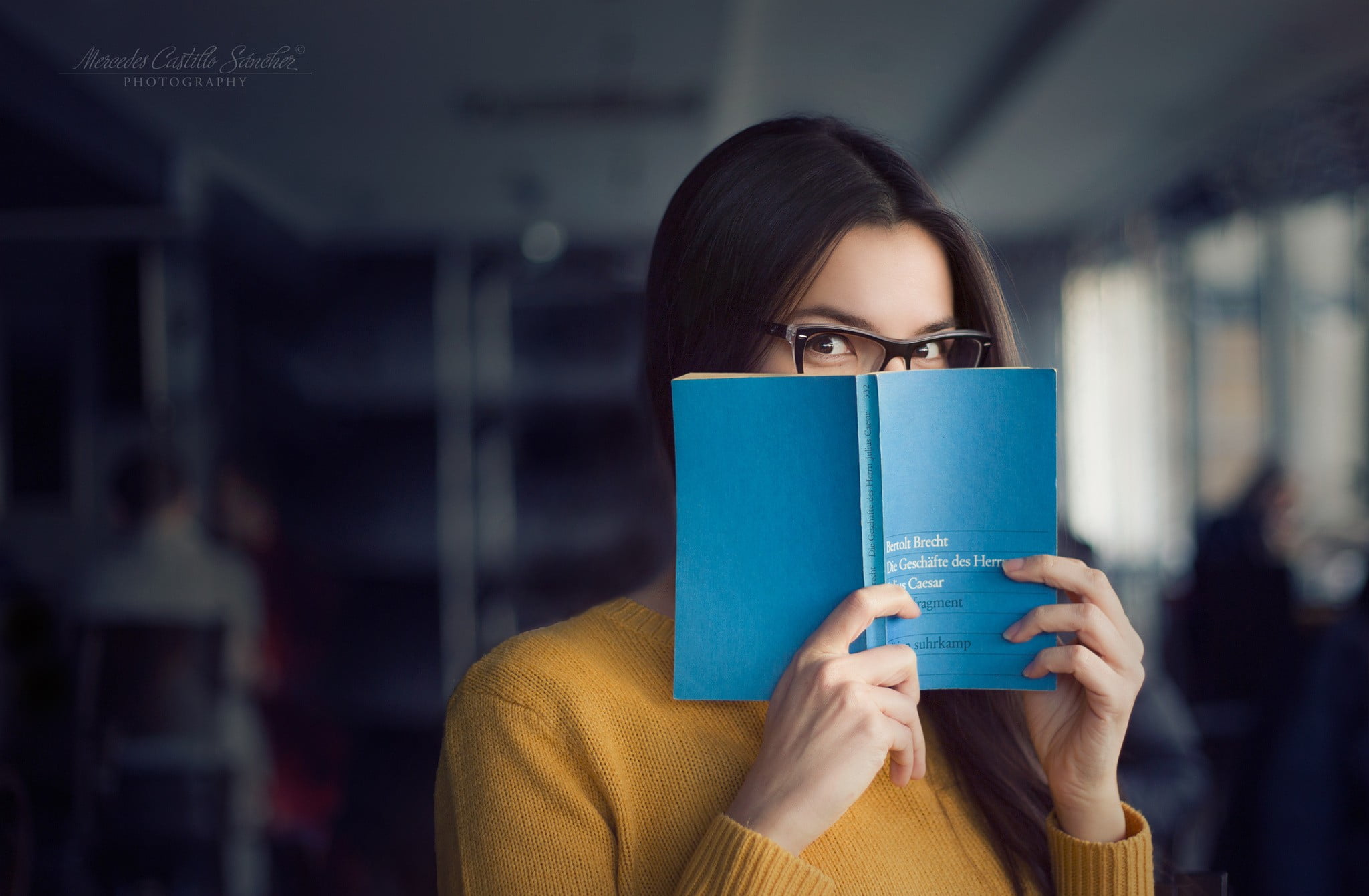 indoors, young women, women, coffee - drink, 1080P, obscured face, glasses, headshot, library, focus on foreground, looking at camera, young adult, books, HD Wallpaper