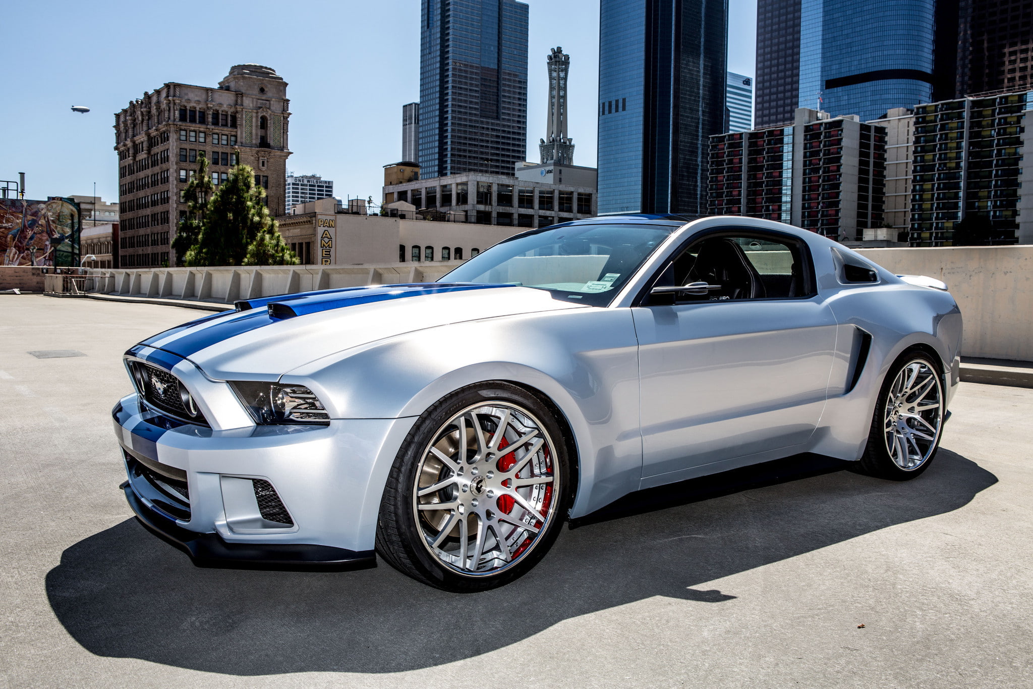 motor vehicle, transportation, office building exterior, built structure, luxury, silver, mode of transportation, no people, day, silver cars, Ford Mustang, HD Wallpaper