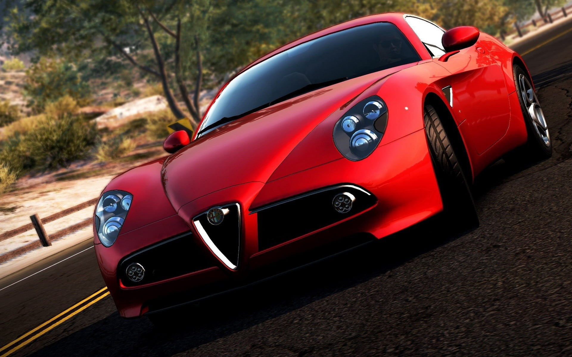 alfa romeo, tree, no People, need for speed hot pursuit, sports Car, alloy Wheel, modern, nature, playstation 3, windows, mode of Transport, elegance, road, HD Wallpaper