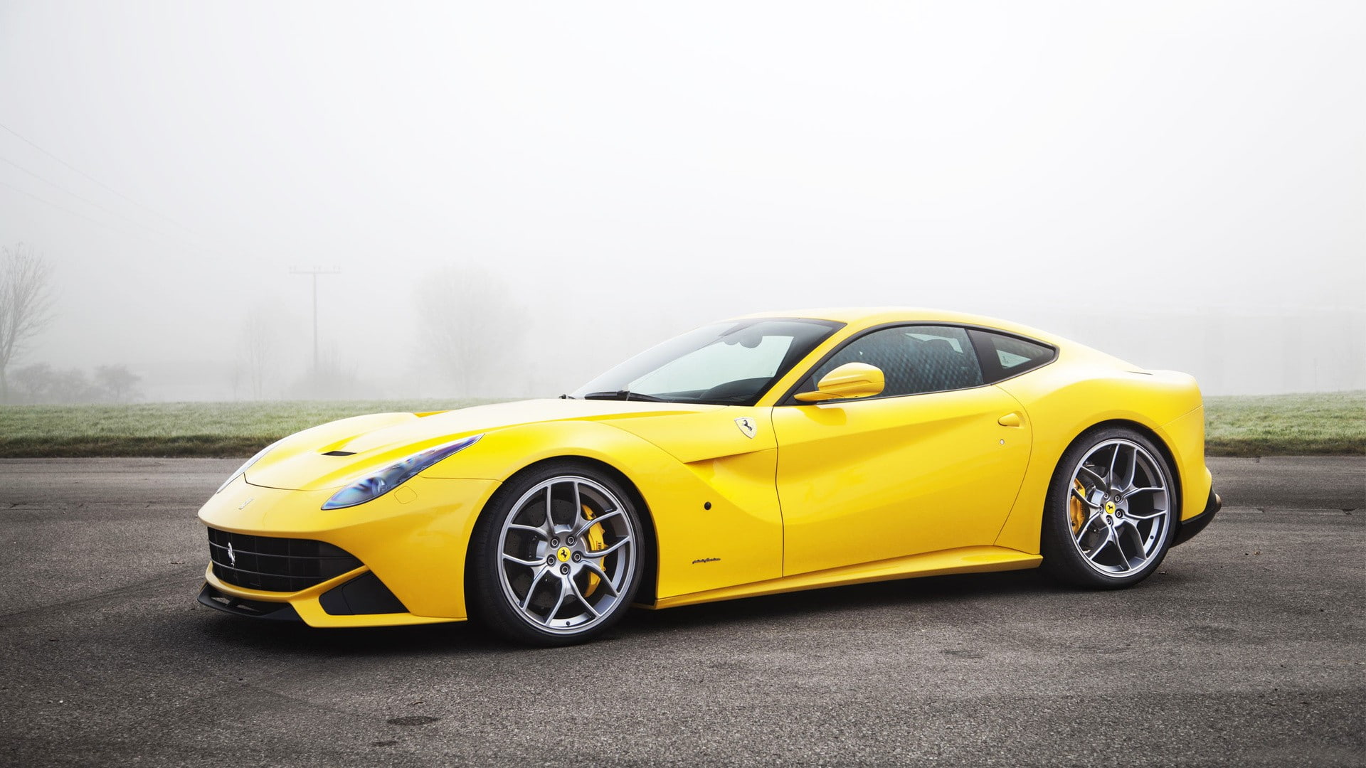 land vehicle, sports car, mist, yellow, road, mode of transportation, transportation, Ferrari, F12 Berlinetta, copy space, day, retro styled, racecar, vintage car, HD Wallpaper