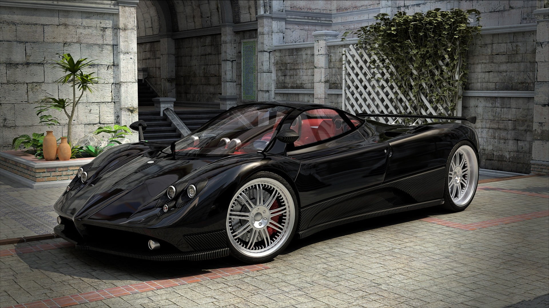 black color, built structure, day, 1080P, building exterior, vehicle, render, wheel, stationary, land vehicle, digital art, Pagani Zonda, luxury, plant, HD Wallpaper
