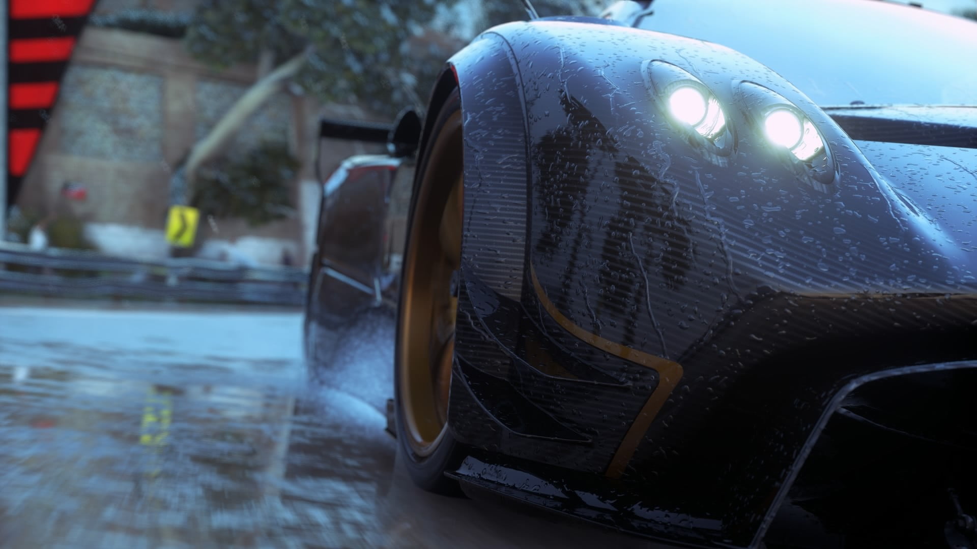 outdoors, travel, car, 1080P, nature, wet, detailed, focus on foreground, street, black, water, rain, Pagani Zonda R, Driveclub, close-up, transportation, HD Wallpaper