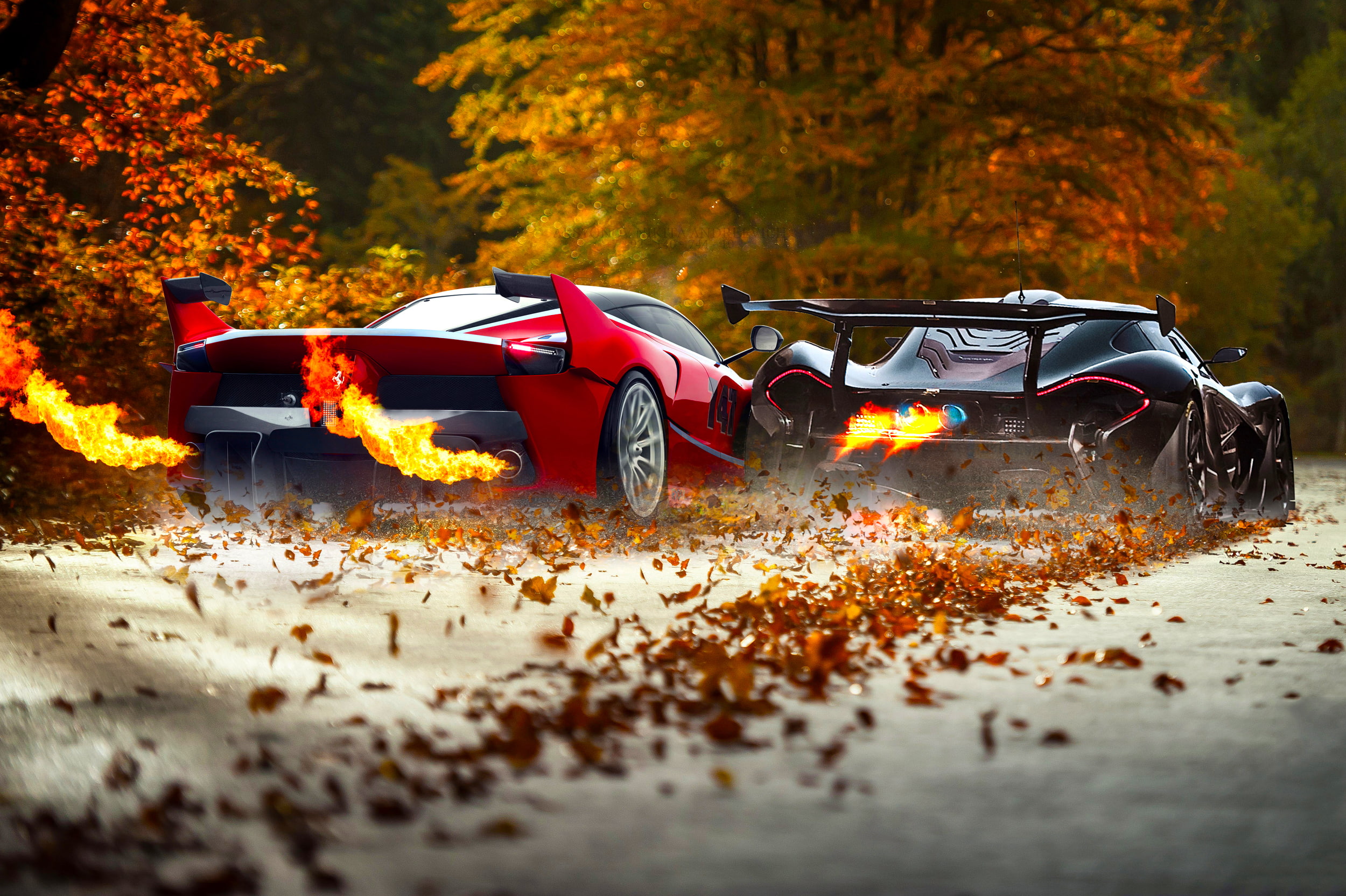 Red, Ferrari, FXX K, Exhaust, Supercars, McLaren, Foliage, 1080P, Black, Fire, HD Wallpaper