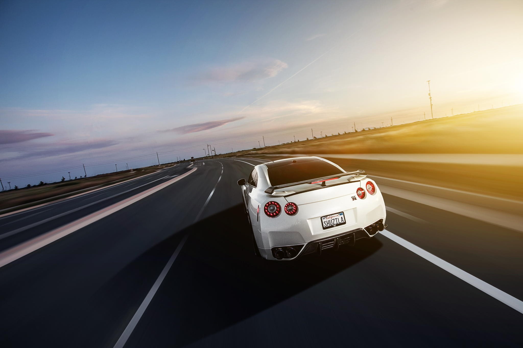 dusk, motion, Nissan Skyline GT-R R35, transportation, sunset, car, road trip, Nissan, road, land vehicle, dividing line, blurred motion, outdoors, multiple lane highway, HD Wallpaper