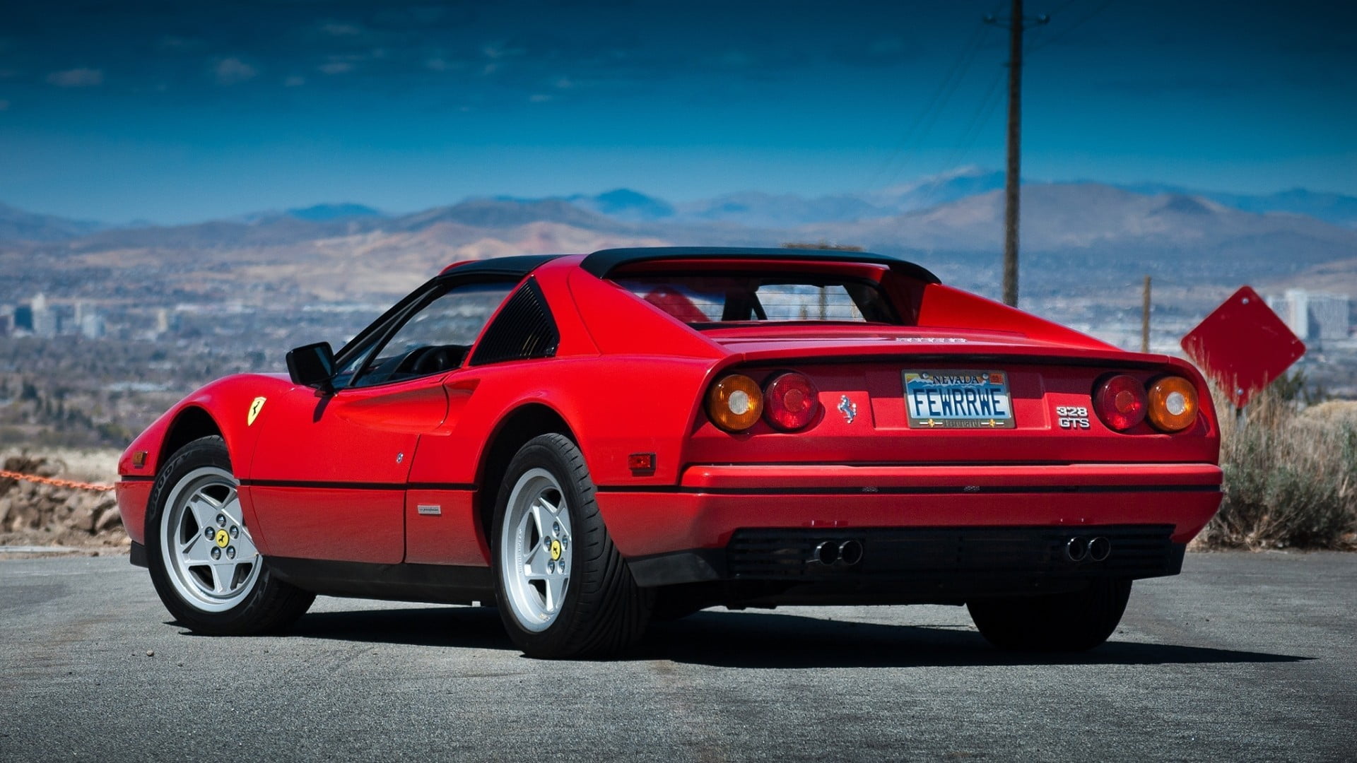 no people, mountain, sky, focus on foreground, transportation, motor vehicle, red, side view, blue, car, road, mustang, Ferrari Mondial, Ferrari, gt, 1080P, HD Wallpaper