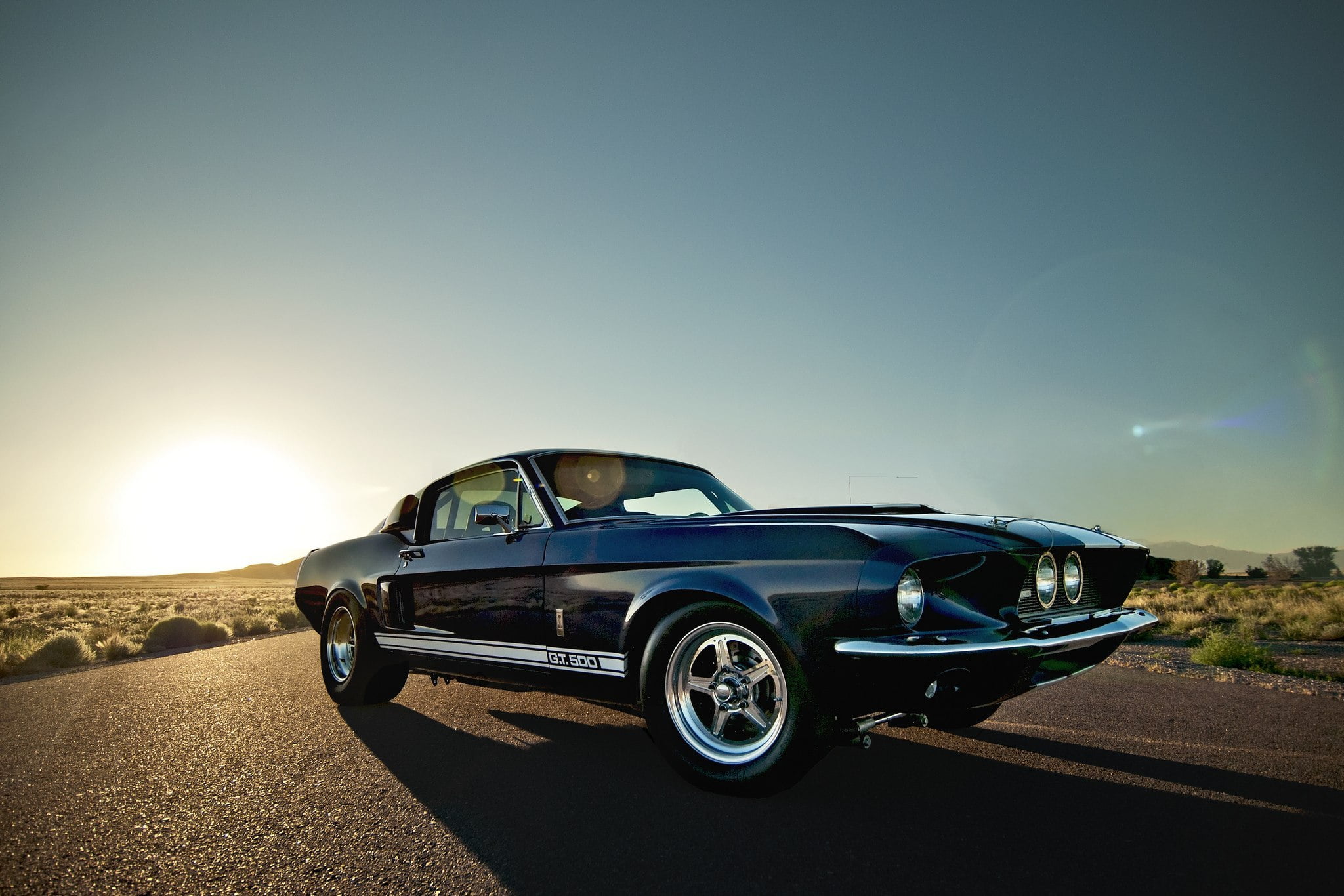 road bushes, clear sky, blue, land vehicle, copy space, the sun, vintage car, desert, travel, coupe, Shelby, road, Ford, luxury, motor vehicle, retro styled, HD Wallpaper