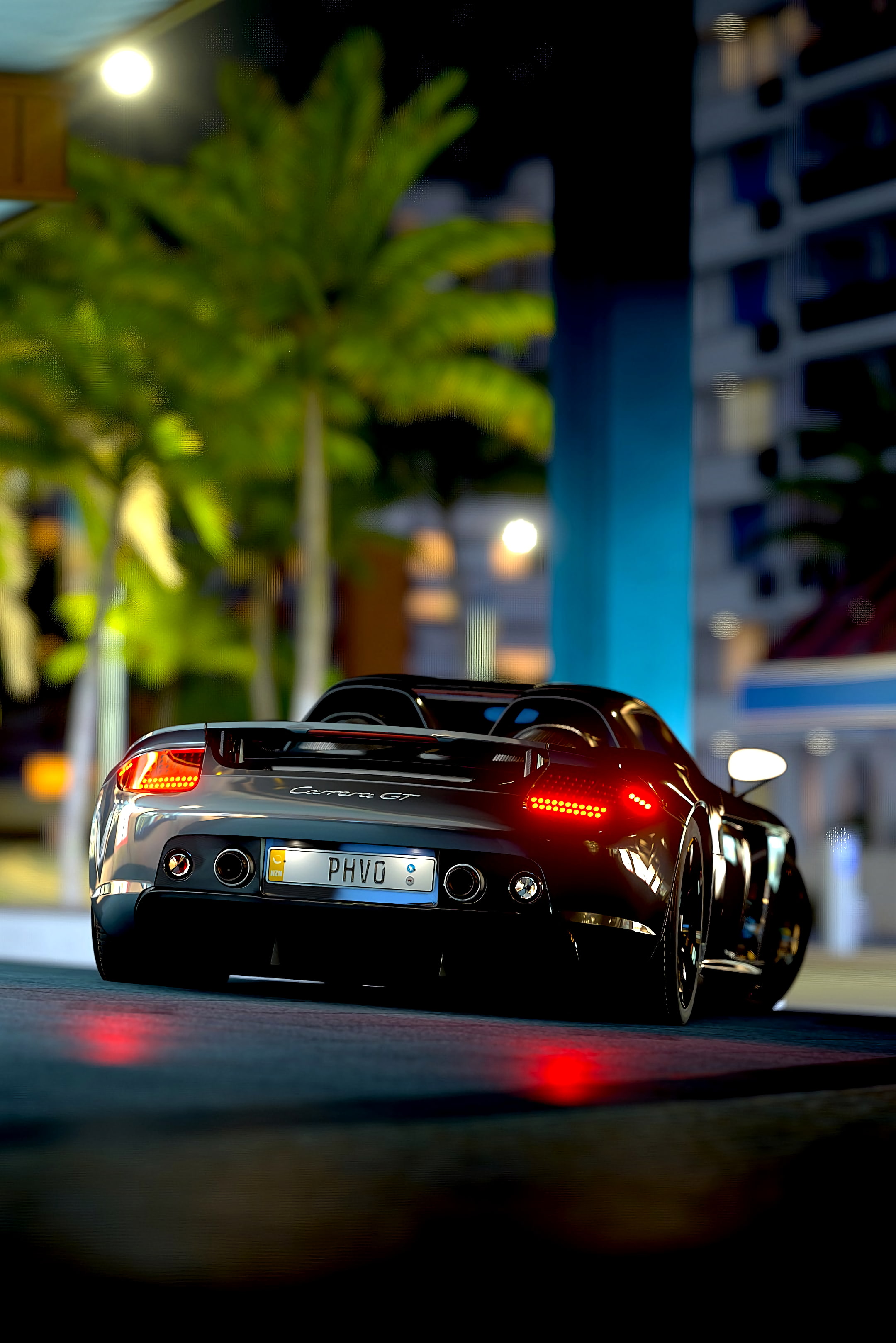 street, mode of transportation, outdoors, illuminated, silver colored, car, Vehicle, 2K, sports car, nightlife, porsche carrera gt, speed, architecture, Phone HD Wallpaper