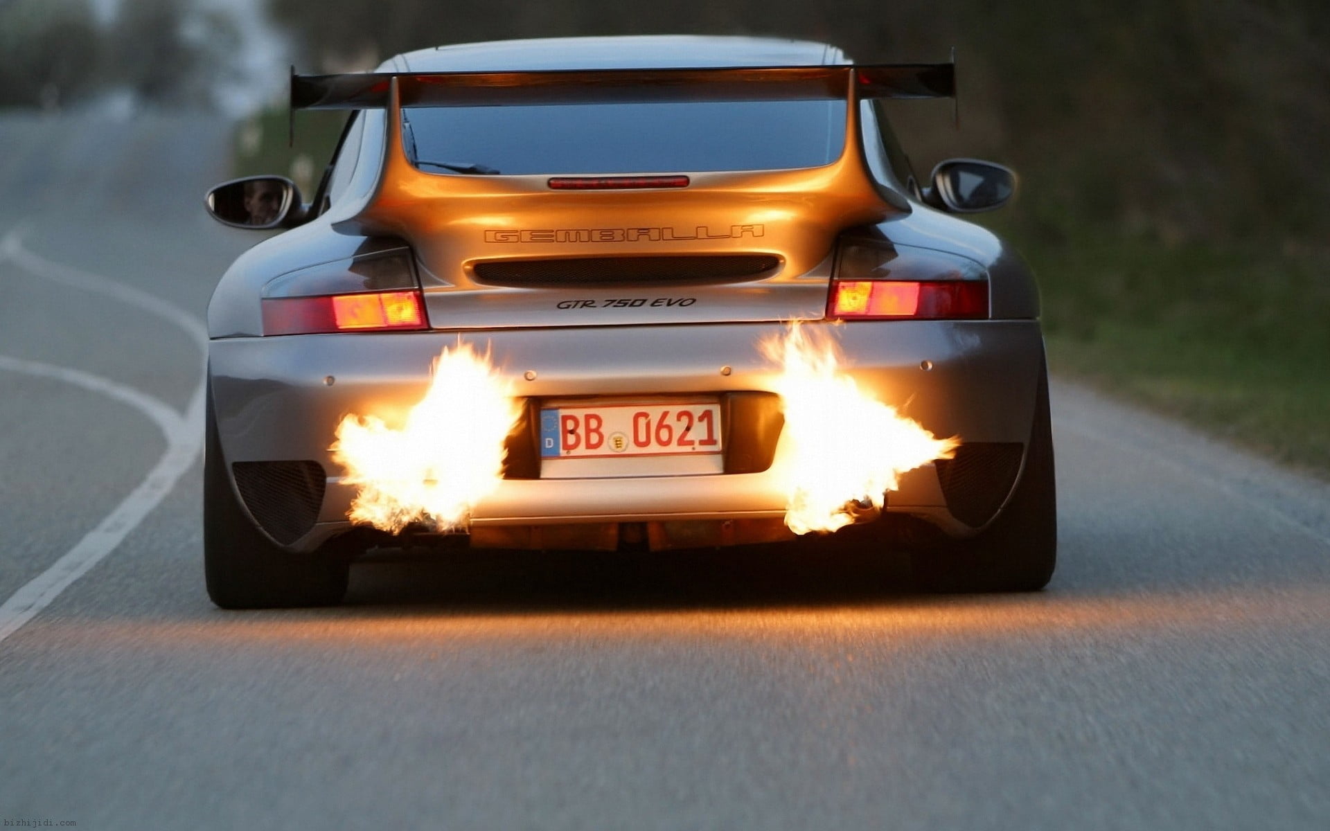 transportation, silver, road, speed, text, carrera, flames, illuminated, communication, exhaust, no people, gt, porsche, outdoors, 1080P, sign, mode of transportation, HD Wallpaper