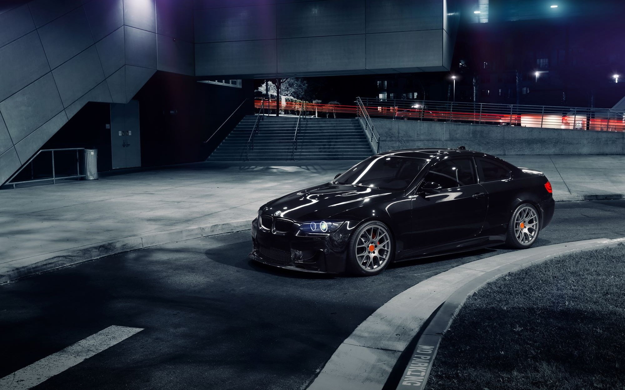 Coupe, asphalt, Side view, Black, Bmw 335i, illuminated, 1080P, car, road, built structure, 1013mm, parking garage, Auto, no people, land vehicle, speed, HD Wallpaper