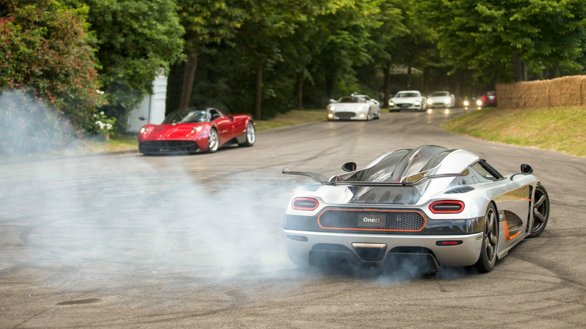 red, 1080P, gray, motion, nature, sign, road, transportation, motor vehicle, car, on the move, burnout, supercar, driving, tree, speed, smoke, pagani, HD Wallpaper