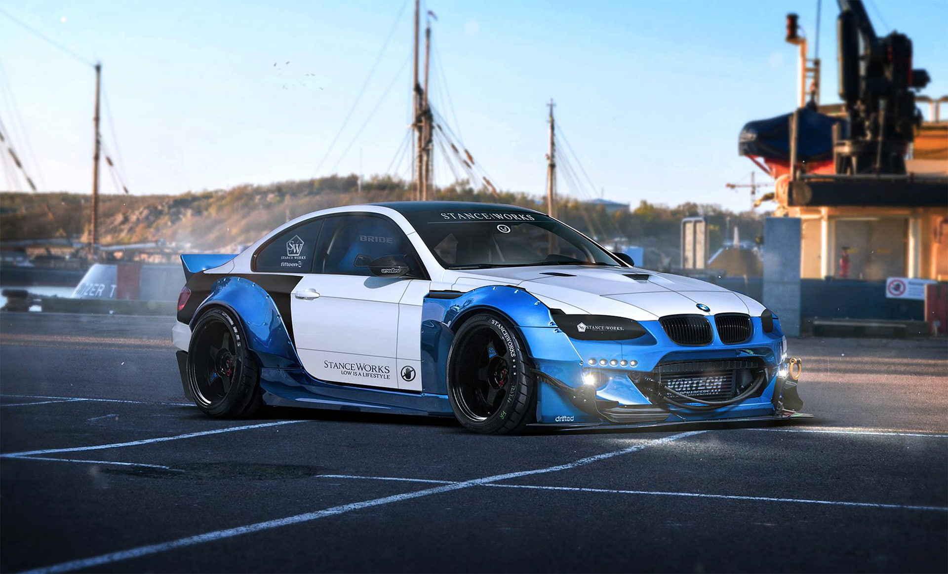 land vehicle, city, E92, Stanceworks, architecture, blue, on the move, sky, outdoors, day, car, RB Kit, BMW, Rendering, 1080P, mode of transportation, HD Wallpaper