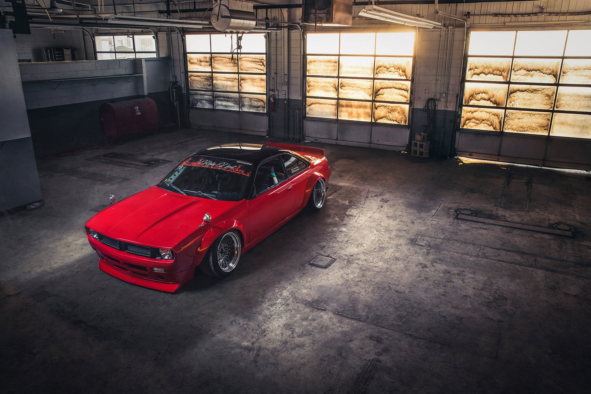 no people, Mark Riccioni, garage, transportation, sports car, absence, red, parking lot, Rocket Bunny kit, Risky Devils, built structure, day, land vehicle, HD Wallpaper