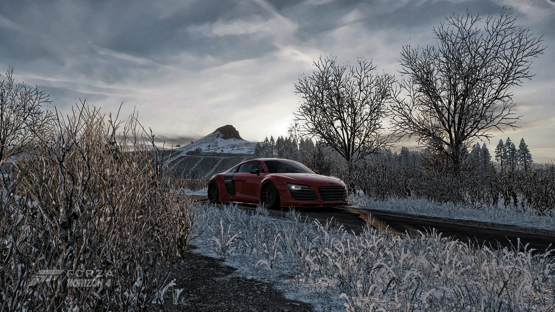 forza horizon 4, racing, fh4, forza, road, mountain, rocket bunny, 1080P, field, horizon, red, winter, vorsteiner, audi, stance, trees, HD Wallpaper