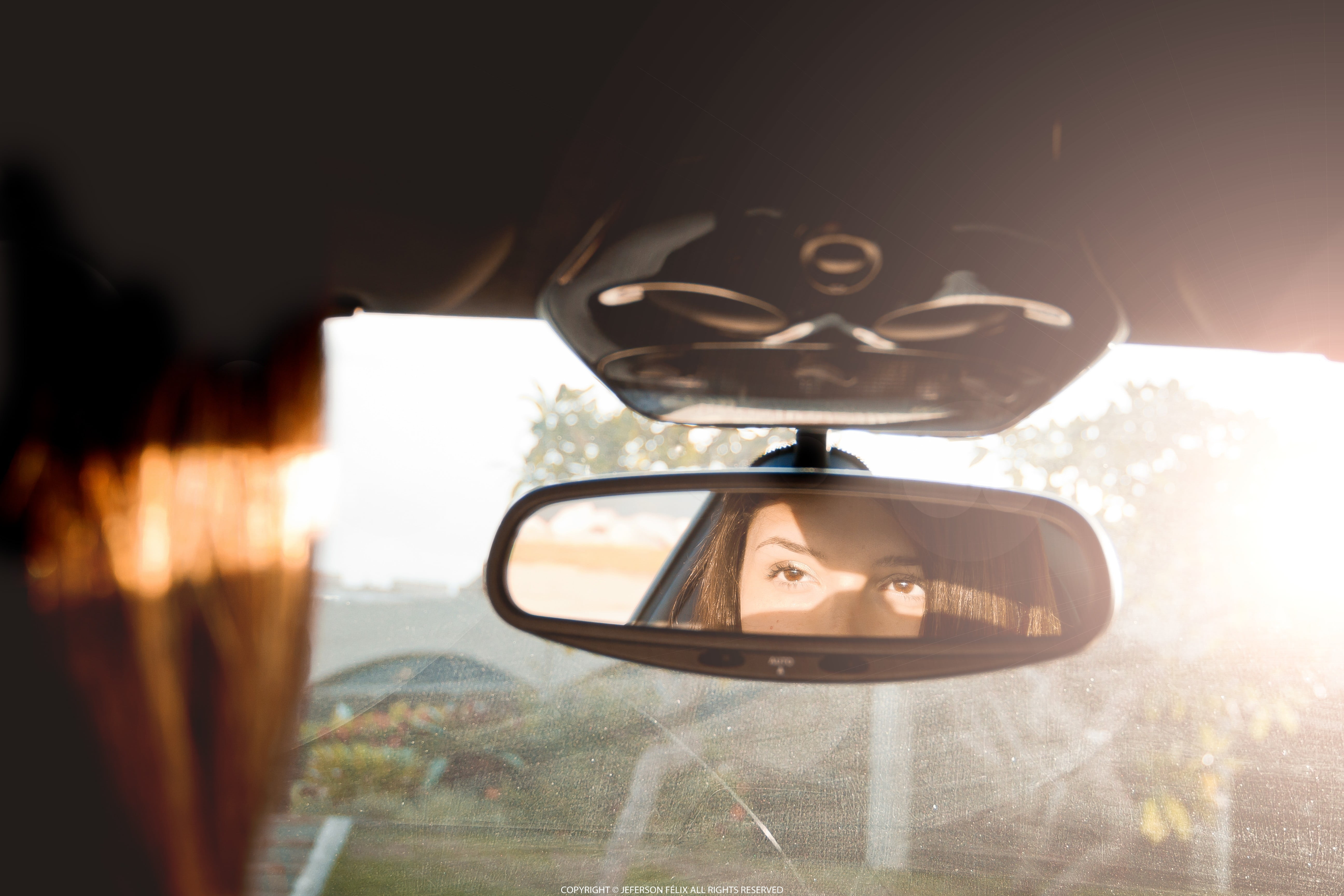 5K, rear-view mirror, outdoors, adult, nature, women, glasses, day, land vehicle, mode of transportation, one person, side-view mirror, sunlight, reflection, HD Wallpaper