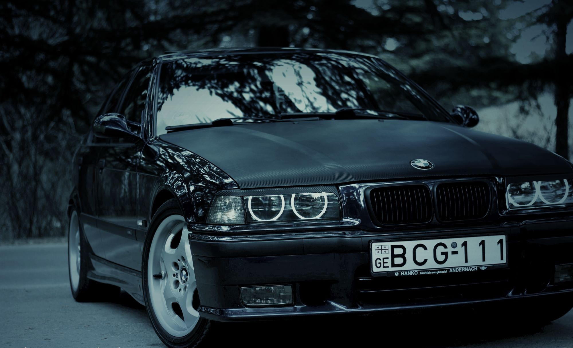 black, before, blue, glass - material, headlight, tuning, motor vehicle, BMW, coupe, outdoors, focus on foreground, mode of transportation, E36, night, HD Wallpaper