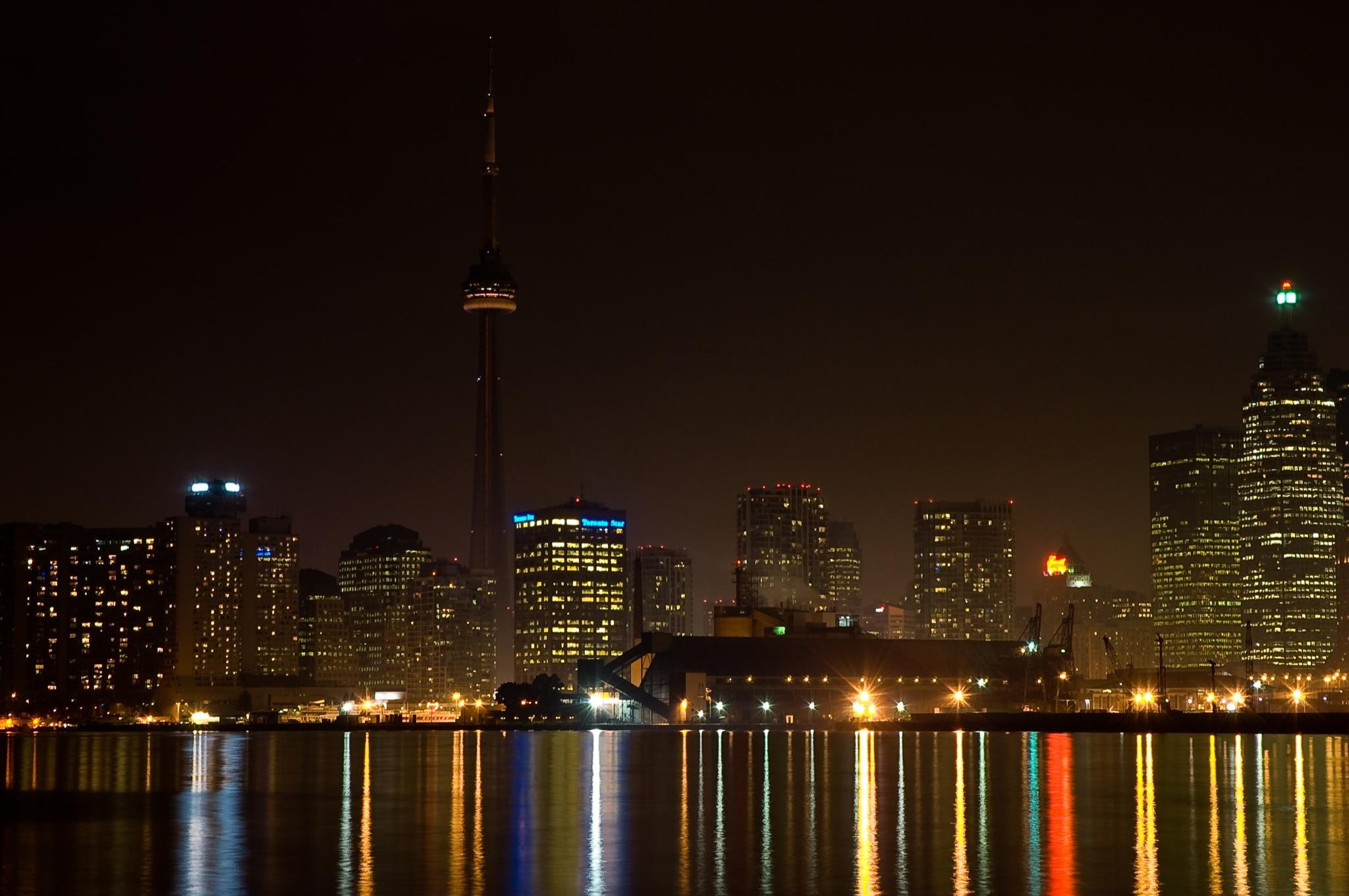 toronto, lighting, canada, buildings, animals, 1080P, architecture, bank, night, city, skyline, colourful, water, HD Wallpaper