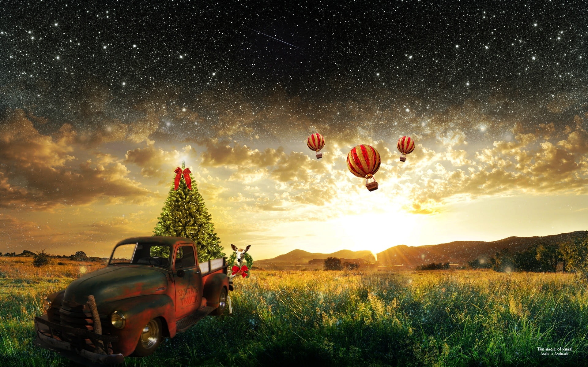 red, scenics - nature, three, digital, sunset, 1080P, environment, sky, christmas, tree, land vehicle, cab, balloon, motor vehicle, car, balloons, HD Wallpaper
