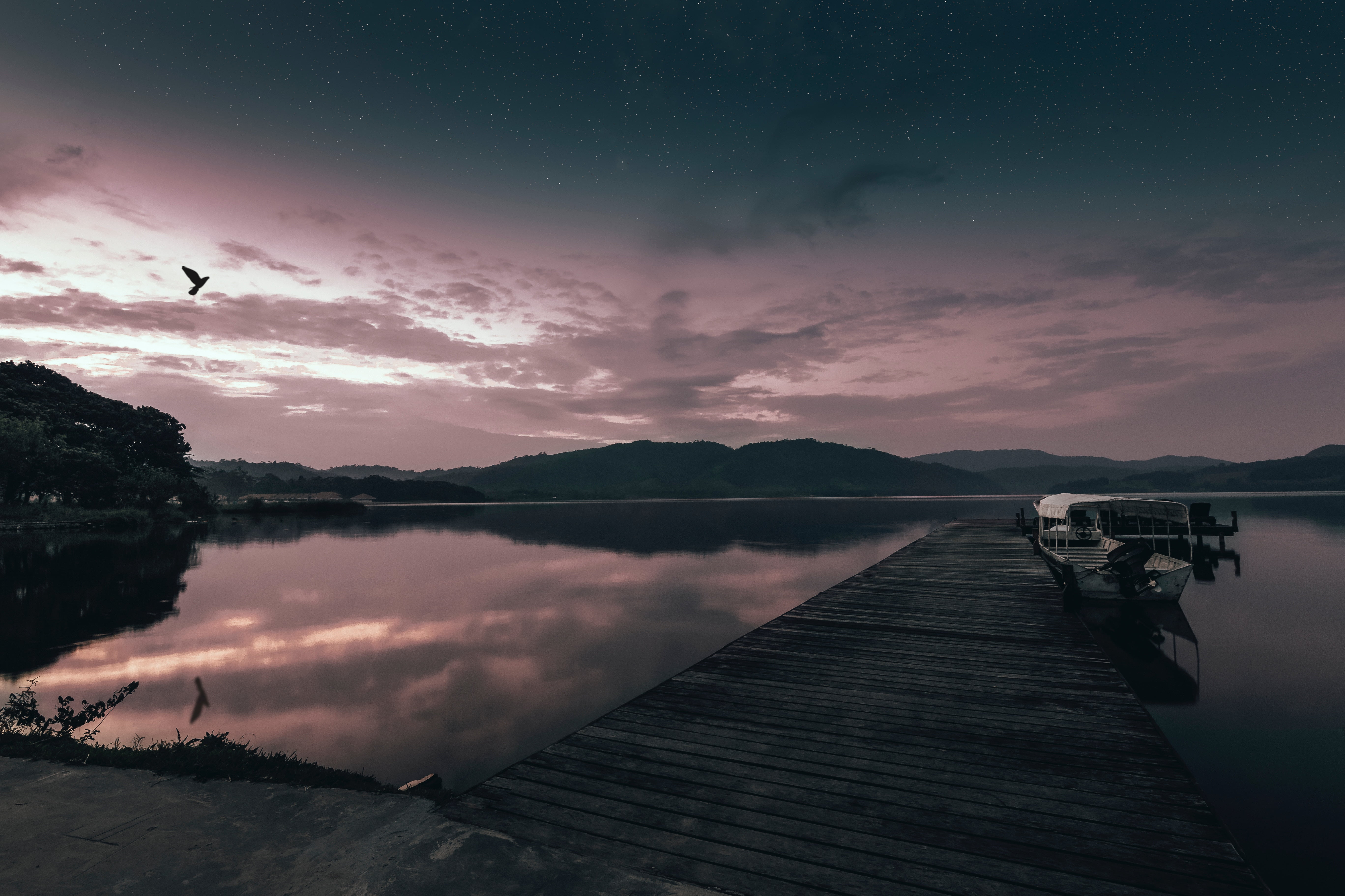 sky, pier, no people, wood - material, reflection, nature, tranquility, dock, body, scenics - nature, astronomy, idyllic, star - space, sunset, HD Wallpaper