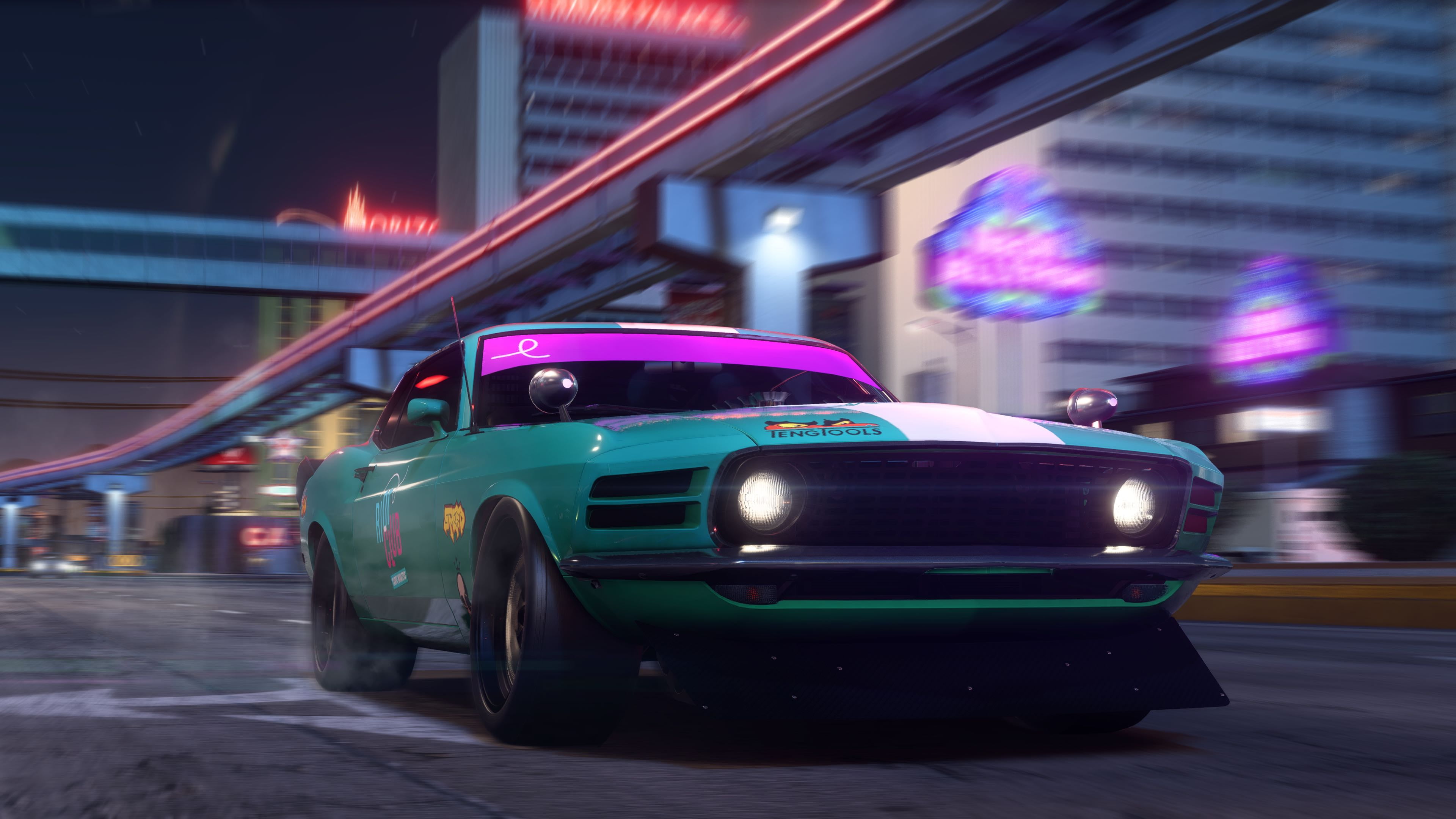 2017 games, city, illuminated, architecture, retro styled, building exterior, road, purple, lighting equipment, games, street, 4K, motion, car, need for speed payback, HD Wallpaper
