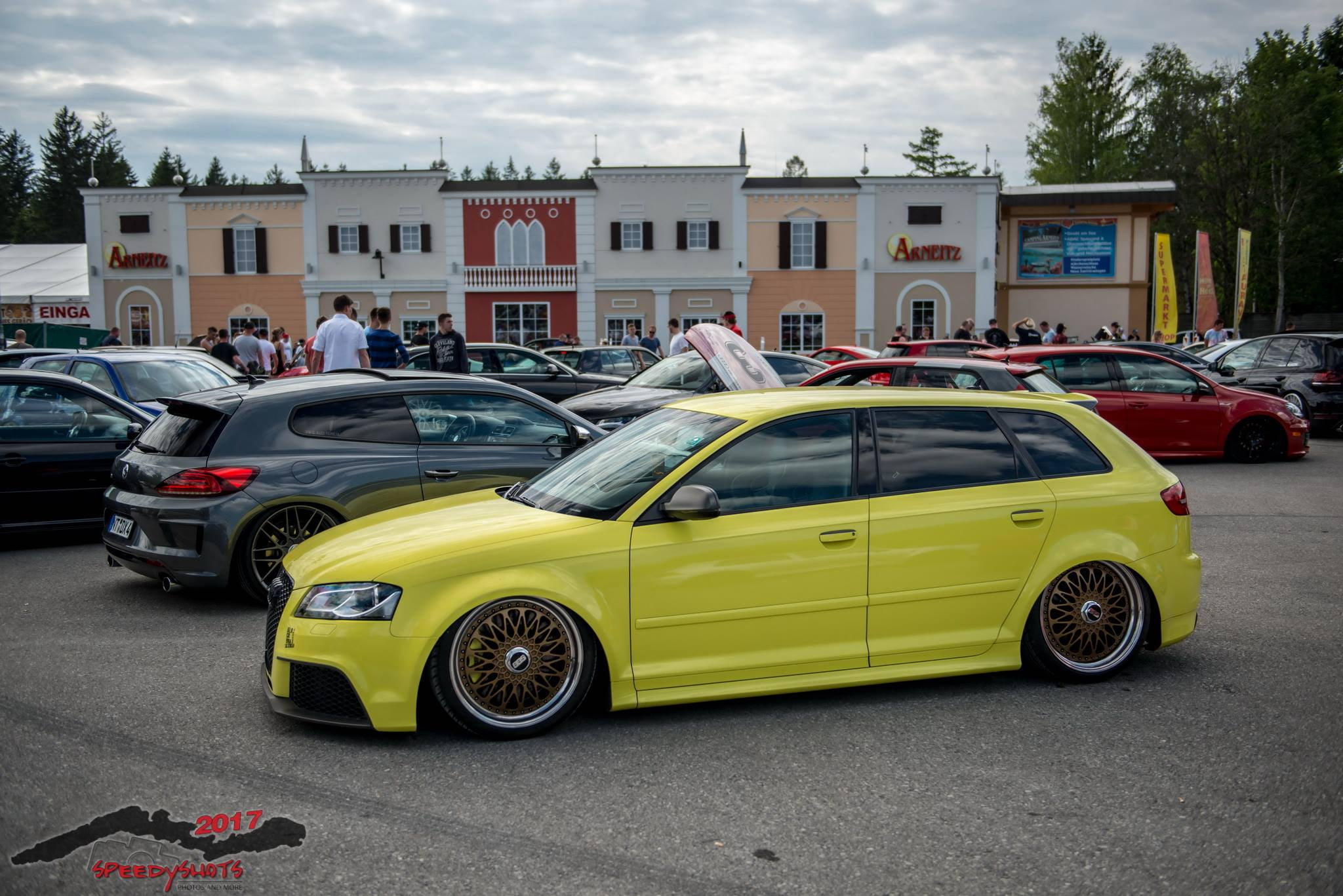 built structure, transportation, incidental people, yellow, road, land vehicle, Volkswagen, street, building, mode of transportation, tuning, car, city, HD Wallpaper