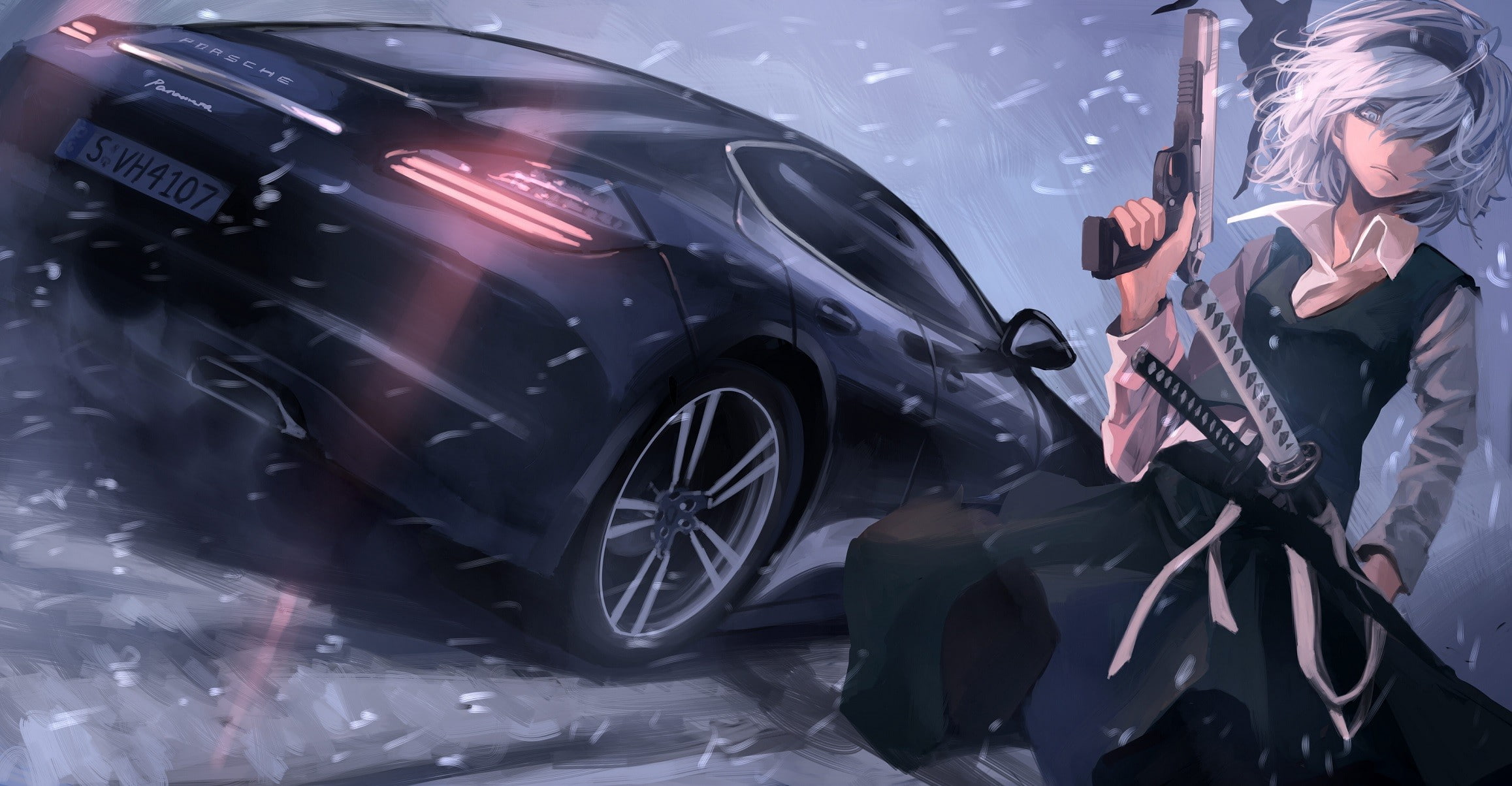 white hair, Konpaku Youmu, short hair, Touhou, Porsche Panamera, looking at viewer, machine gun, ribbon, gun, 1080P, katana, weapon, solo, HD Wallpaper