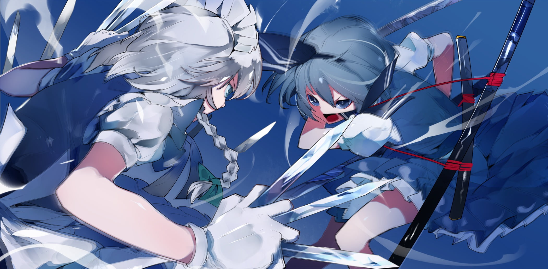battle, artwork, white color, nature, group of people, sport, white hair, extreme sports, blue hair, Izayoi Sakuya, beauty in nature, clothing, Konpaku Youmu, HD Wallpaper