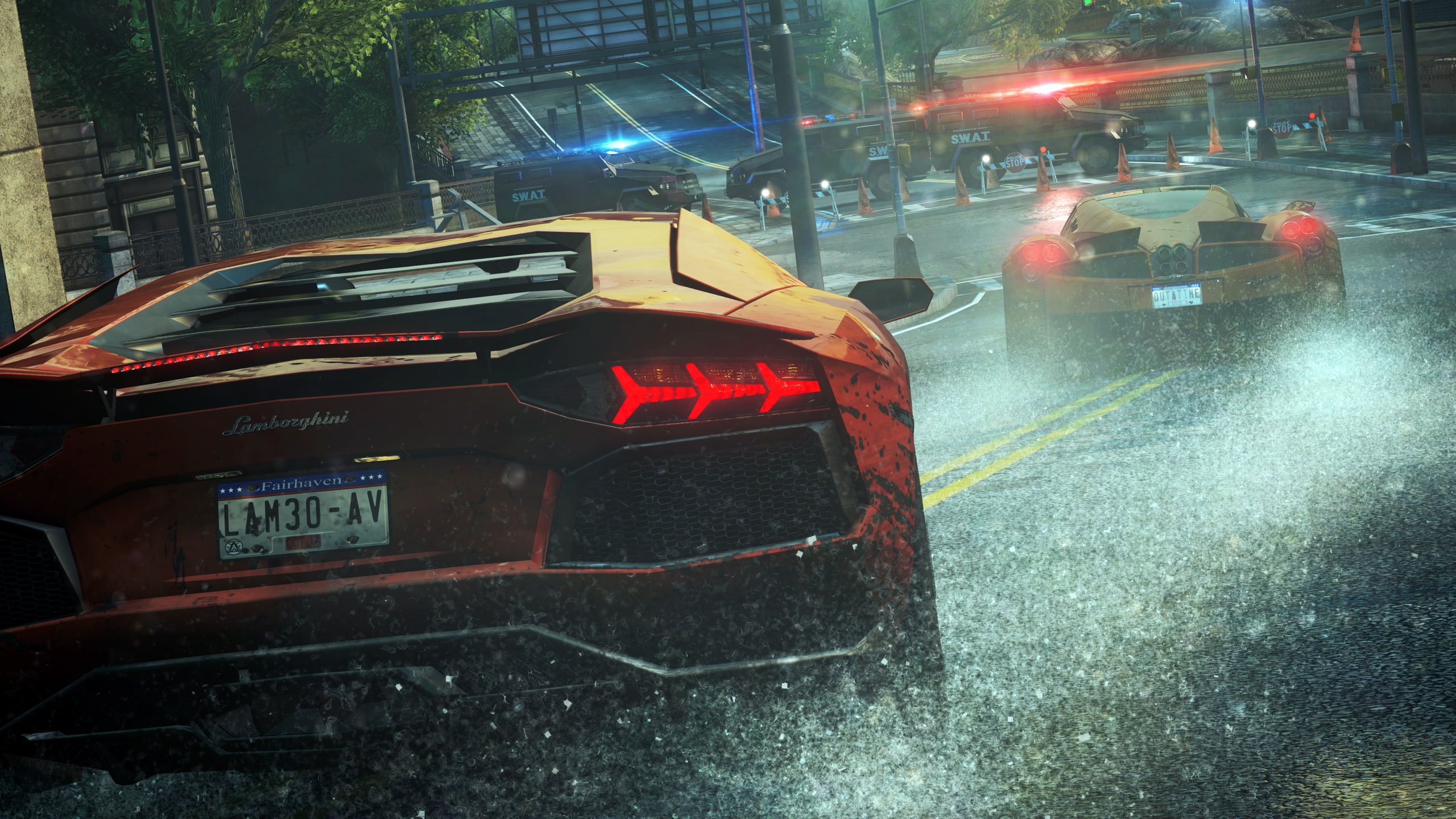 cars, Lamborghini, 2K, race, police, Need For Speed Most Wanted, rain, HD Wallpaper