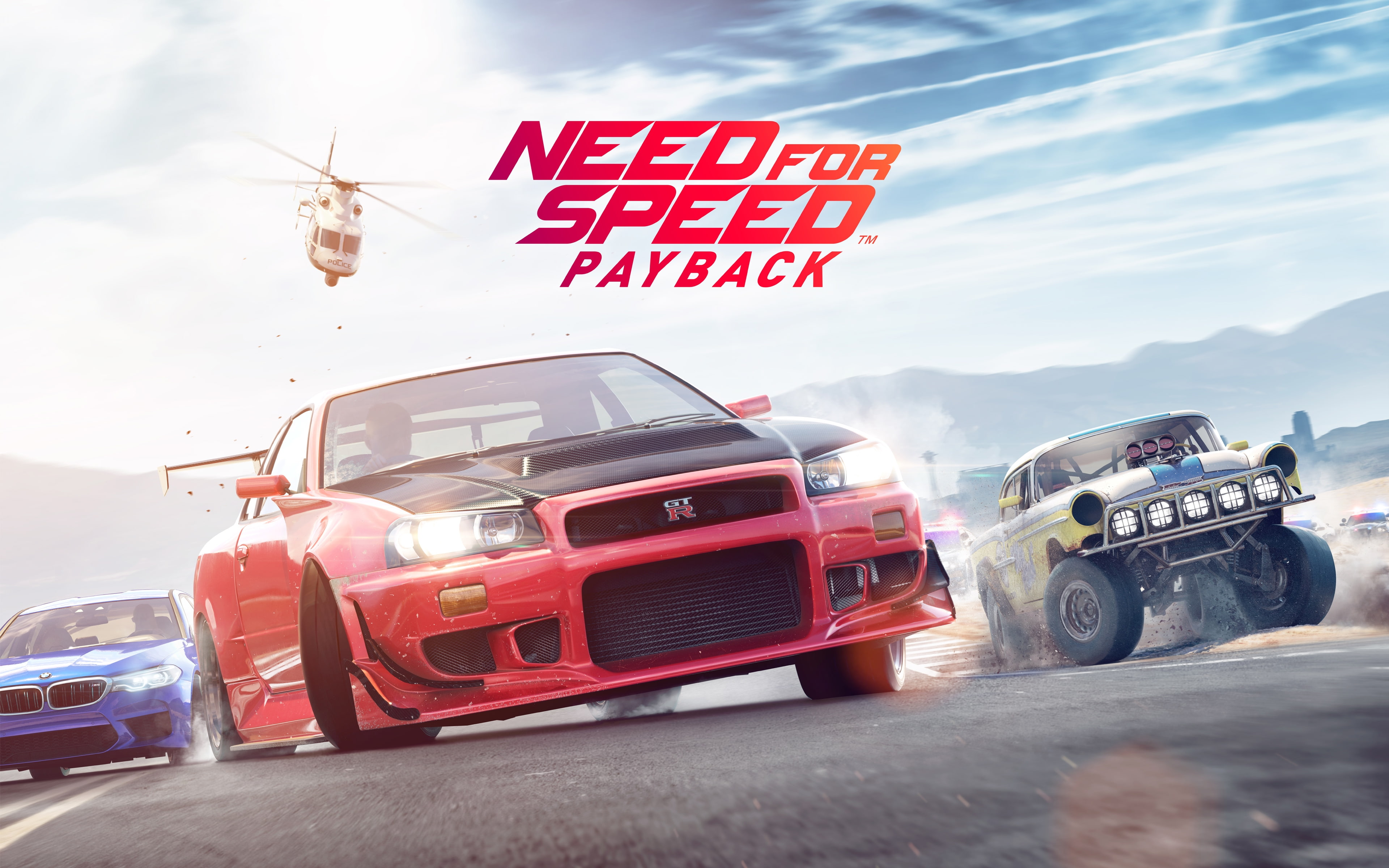 sunlight, cloud - sky, city, on the move, front view, mode of transportation, nature, Games, car, transportation, communication, road, text, need for speed payback, HD Wallpaper