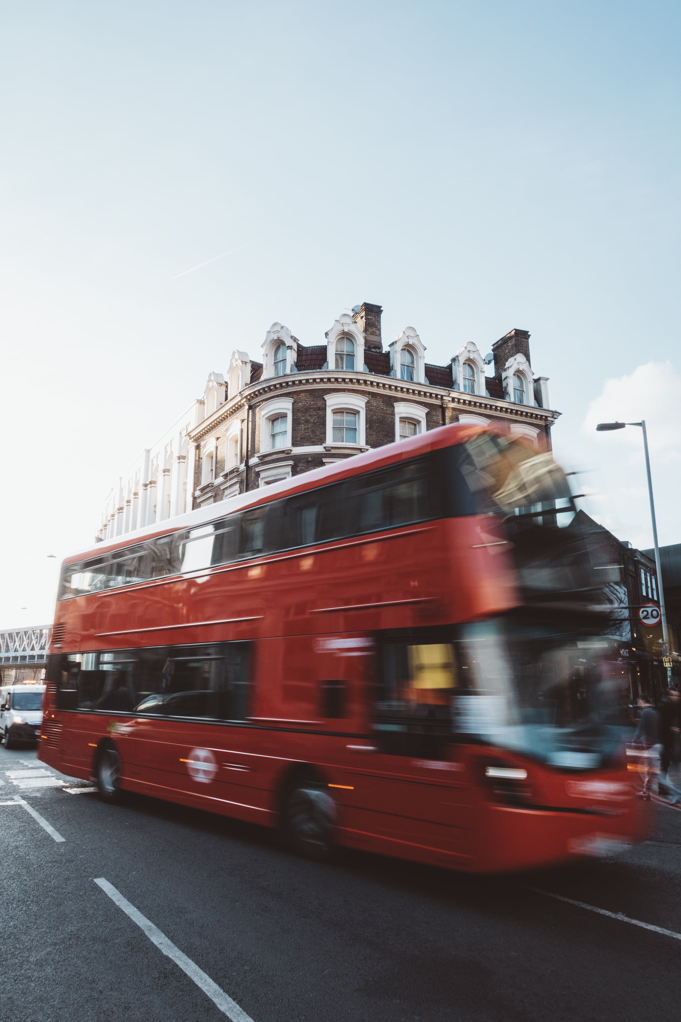 urban, on the move, establishment, accidents and disasters, motion, truck, red, architecture, clear sky, outdoors, clouds, bus, 2K, commute, built structure, Phone HD Wallpaper