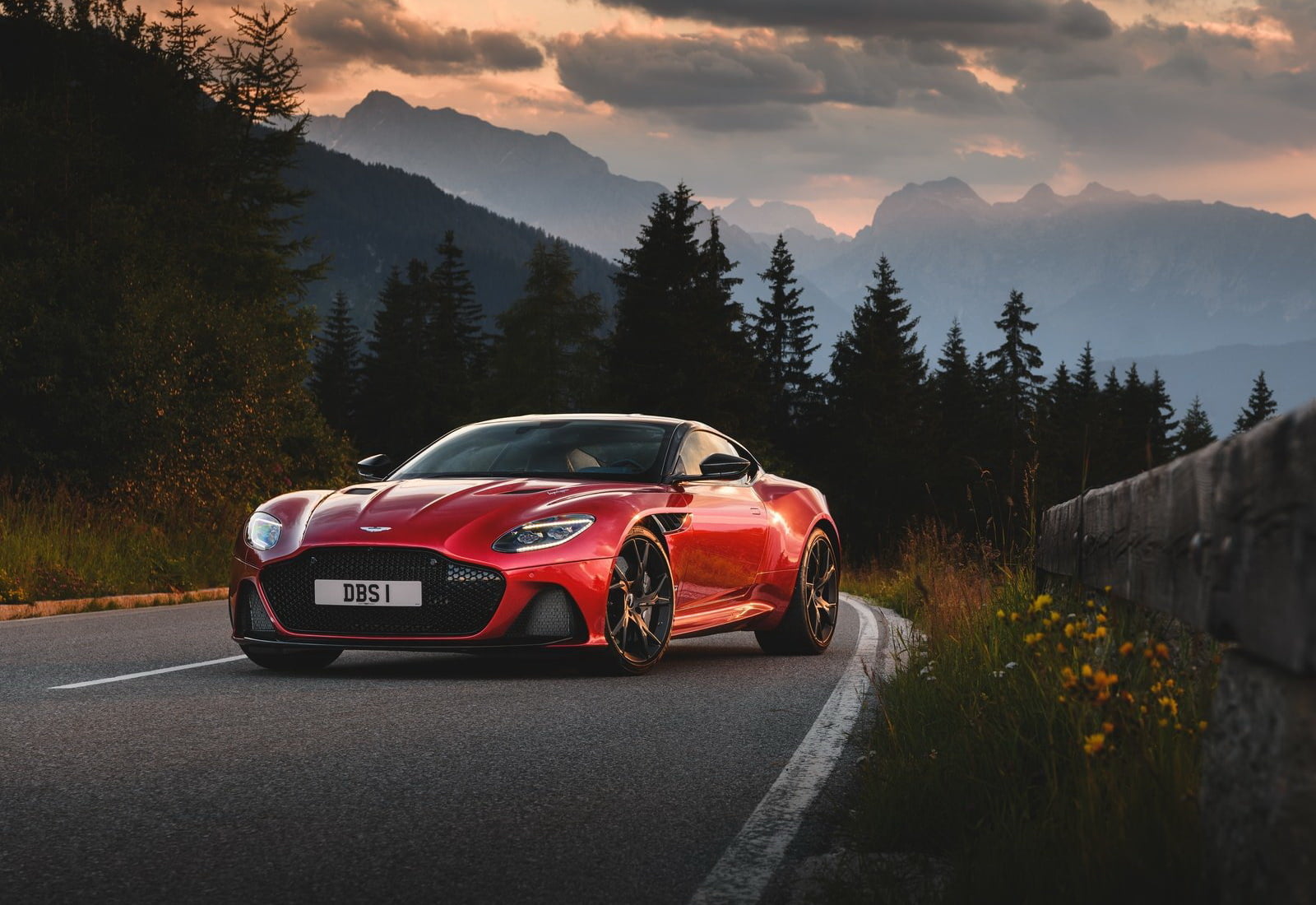 superleggera, sunset, transportation, car, road trip, plant, travel, dbs, (2019), 720P, road, red, land vehicle, sky, tree, non-urban scene, no people, HD Wallpaper