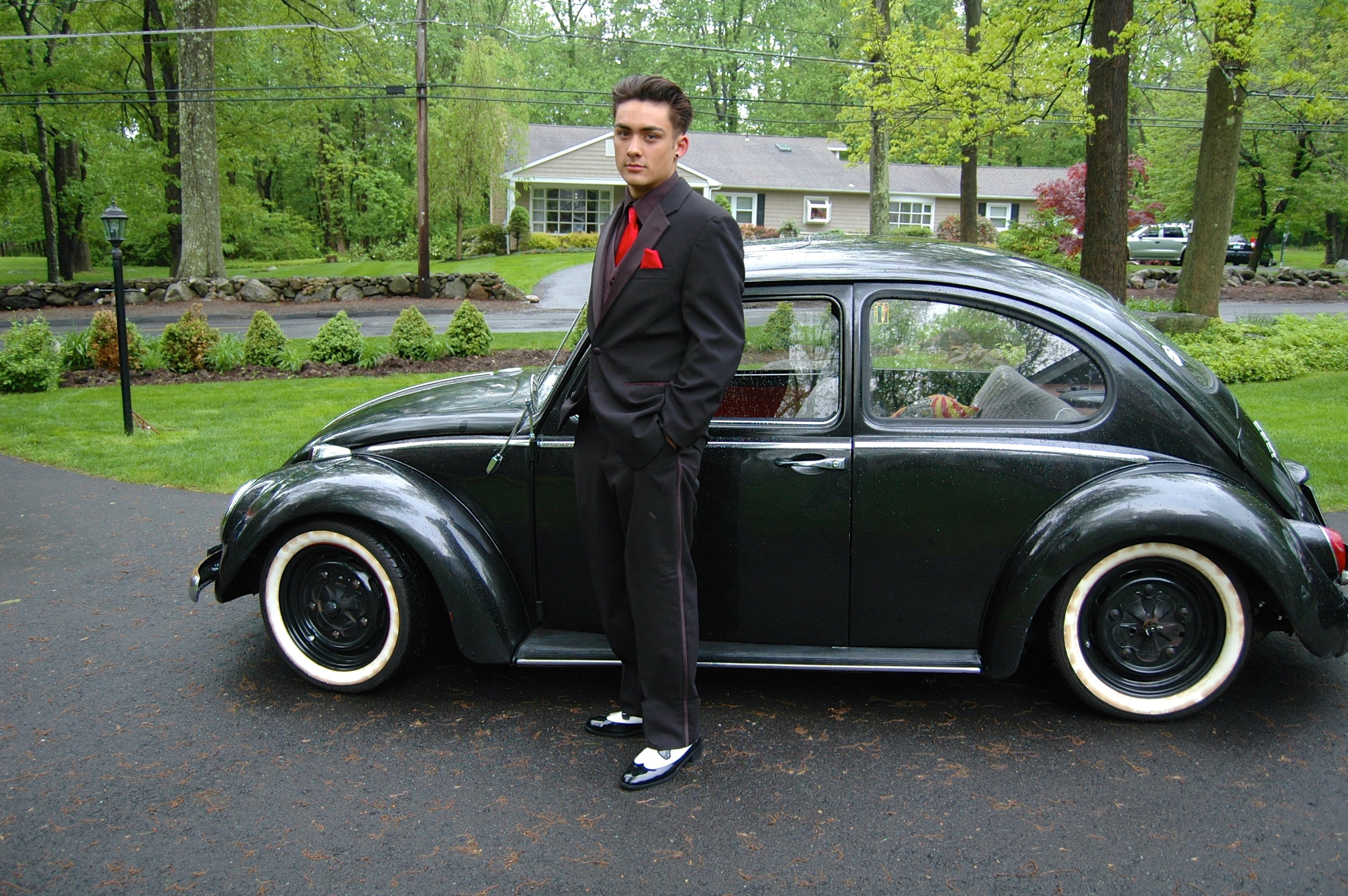 one person, car, young man, guy, 1966 vw beetle, dapper, lifestyles, handsome, male, 2K, fashion, portrait, adult, mode of transportation, day, outdoors, HD Wallpaper