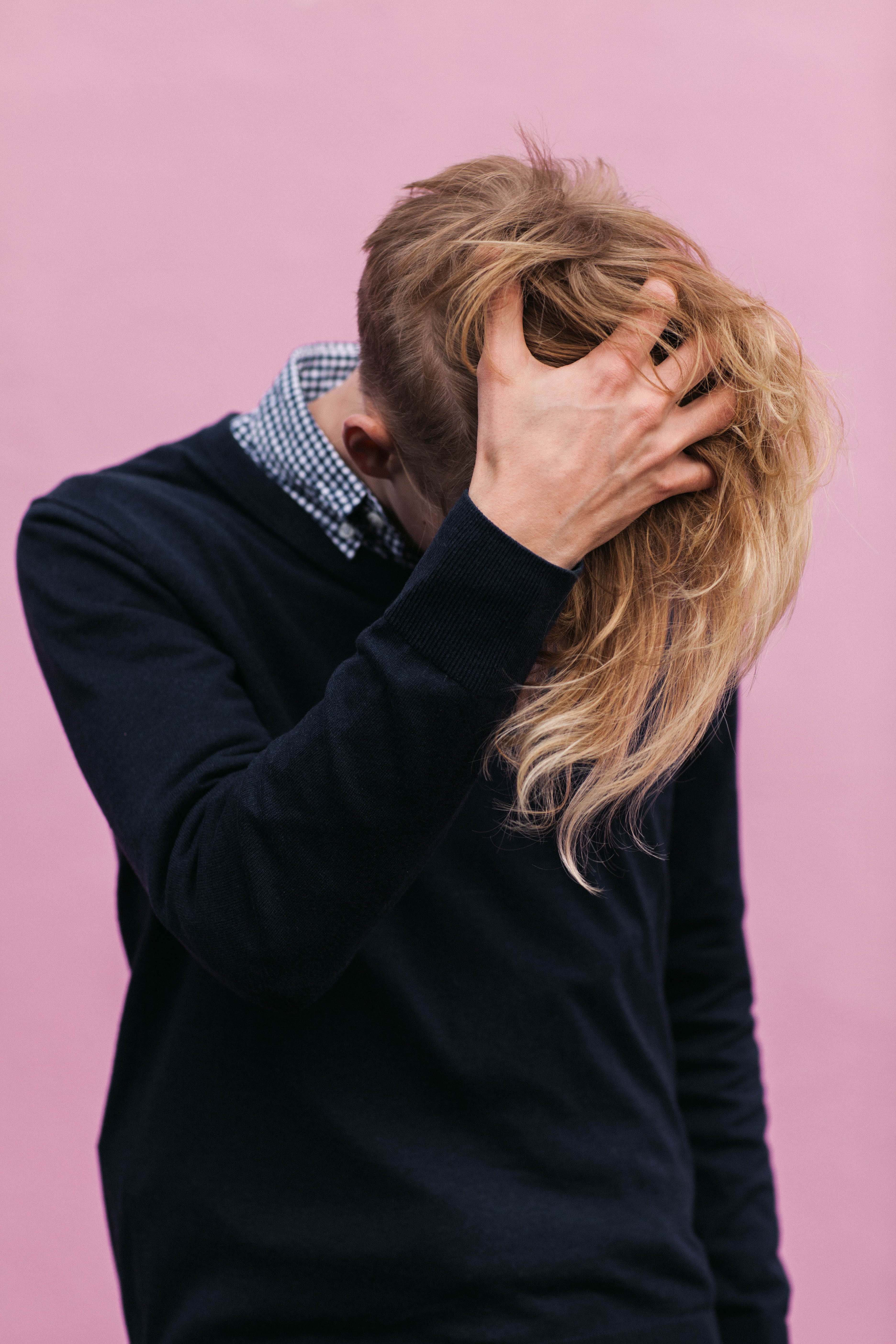 waist up, depression - sadness, hand, hair, adult, frustration, wall, emotional stress, man, neck, boy, one person, hairstyle, guy, head in hands, jumper, Phone HD Wallpaper