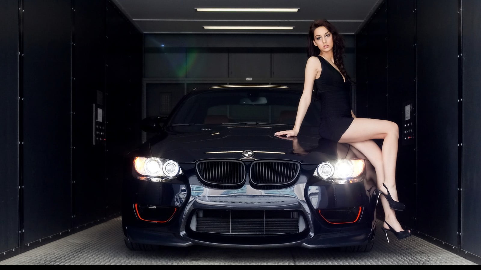 BMW, standing, motor vehicle, young adult, looking at camera, beautiful woman, transportation, adult, black dress, young women, brunette, portrait, clothing, HD Wallpaper