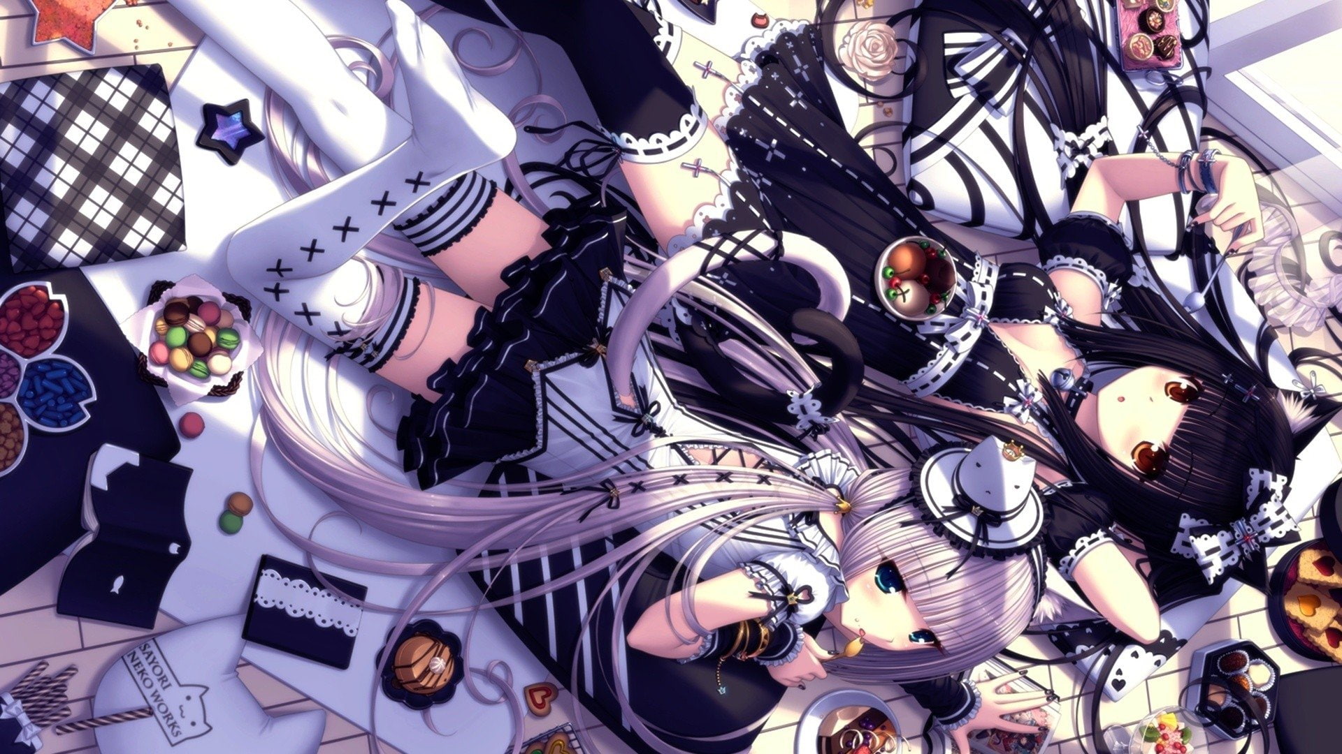 Chocola (Nekopara), Girl, Anime, Black Dress, Vanilla (Nekopara), Thigh Highs, Lying Down, 1080P, White Dress, Nekopara, Dress, HD Wallpaper