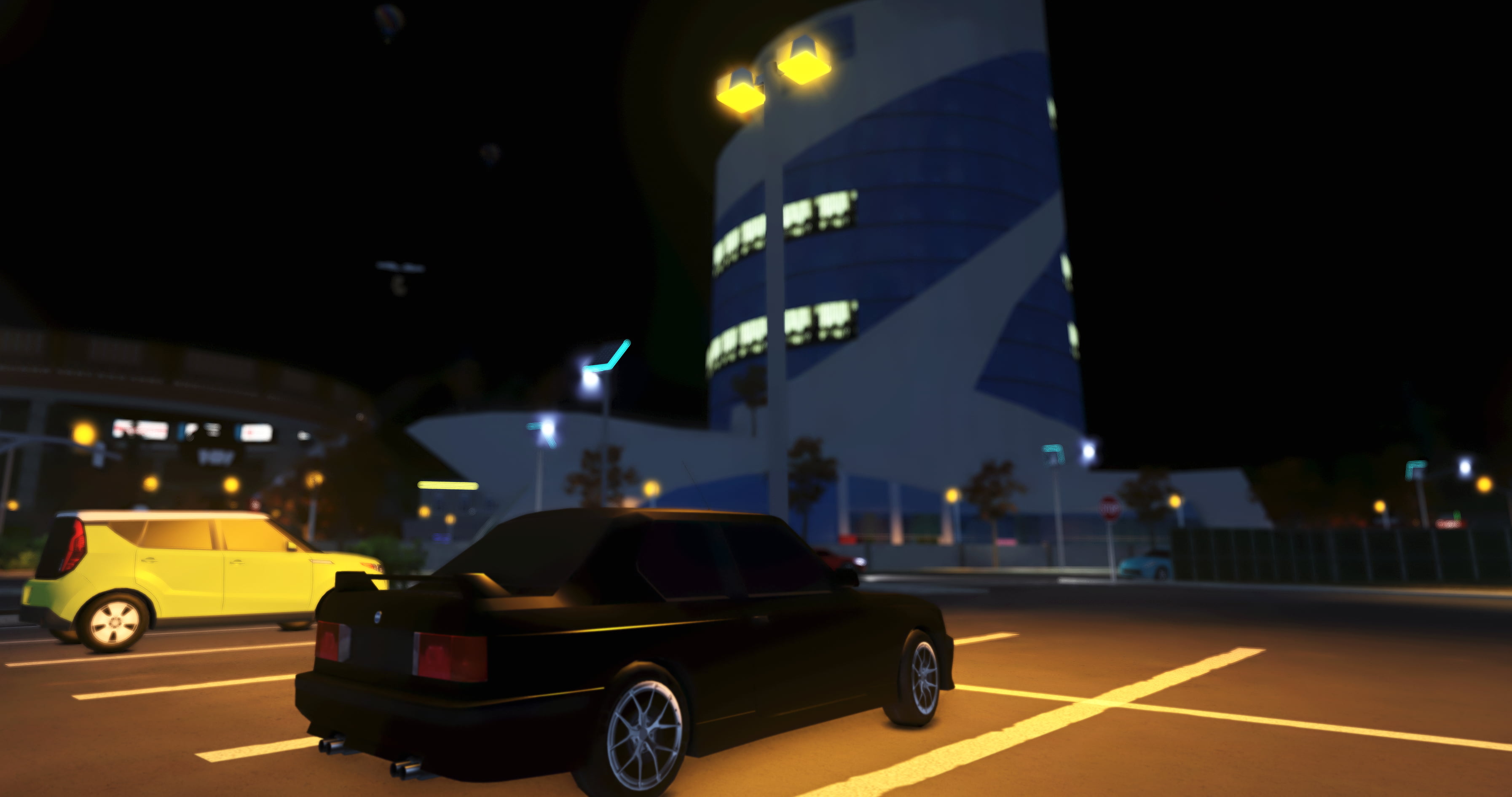 Kia, Bmw E30 m3, 2K, street light, reflection, Pacifico (Roblox Game), parking lot, Roblox, skyscraper, building, drone, HD Wallpaper