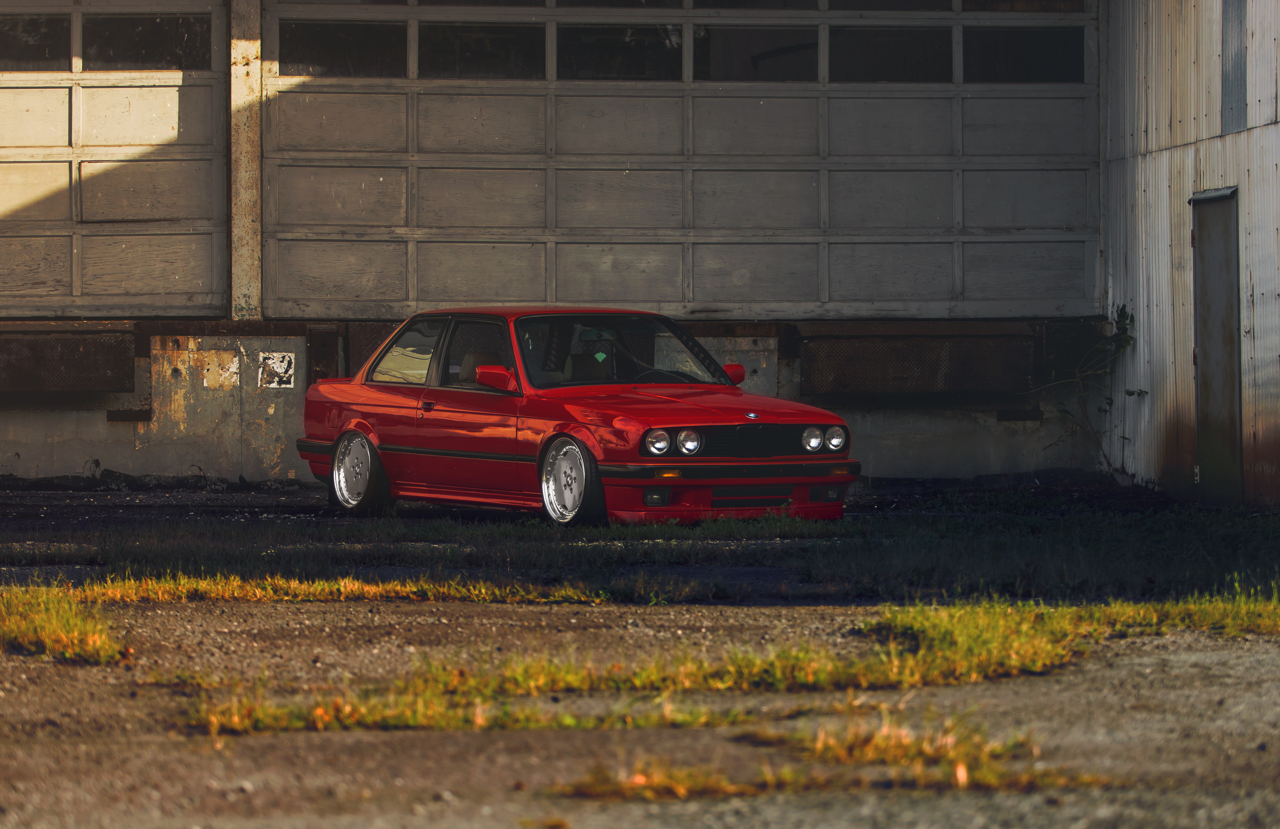 architecture, motor vehicle, The 3 series, e30, built structure, red, BMW, transportation, city, abandoned, garage, coupe, 4K, nature, damaged, land vehicle, HD Wallpaper