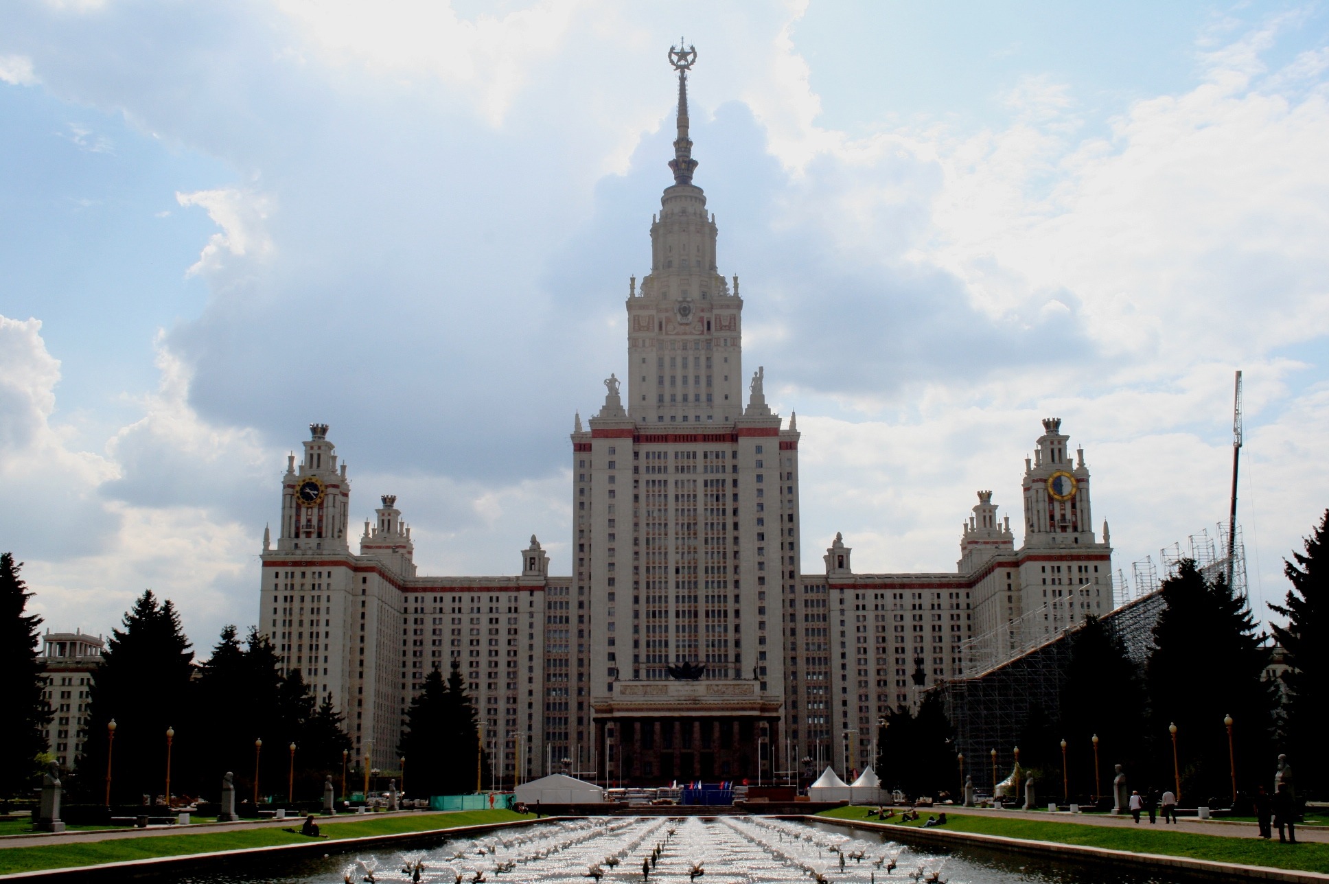 towers, 1080P, stalinist era, skyscraper, built structure, gothic style, day, trees lawn, city, architecture, mosco state university, imposing, outdoors, HD Wallpaper