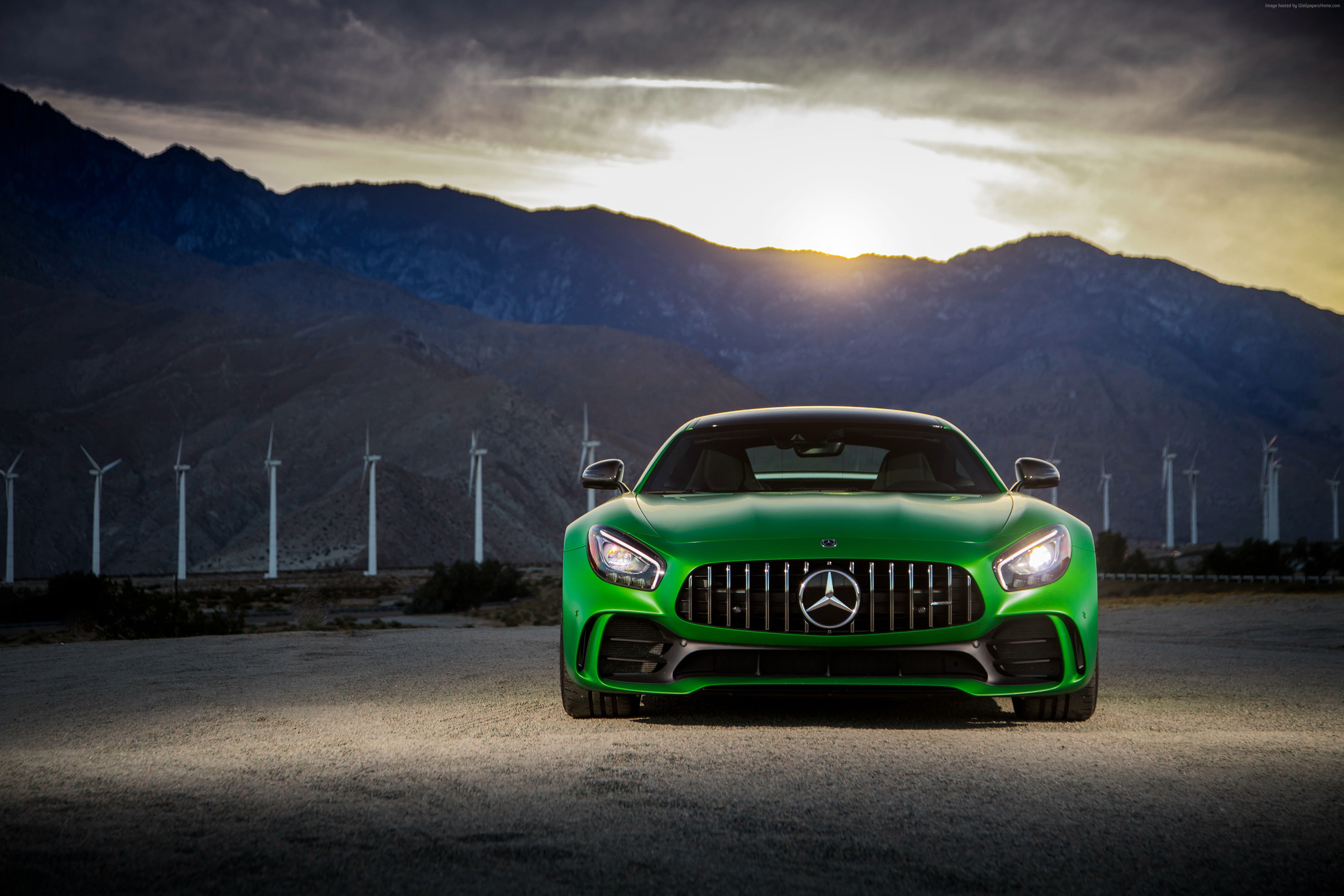 cloud - sky, sunset, mode of transportation, 2018 Cars, beauty in nature, outdoors, road, environment, Mercedes Amg Gtr, mountain range, retro styled, transportation, HD Wallpaper