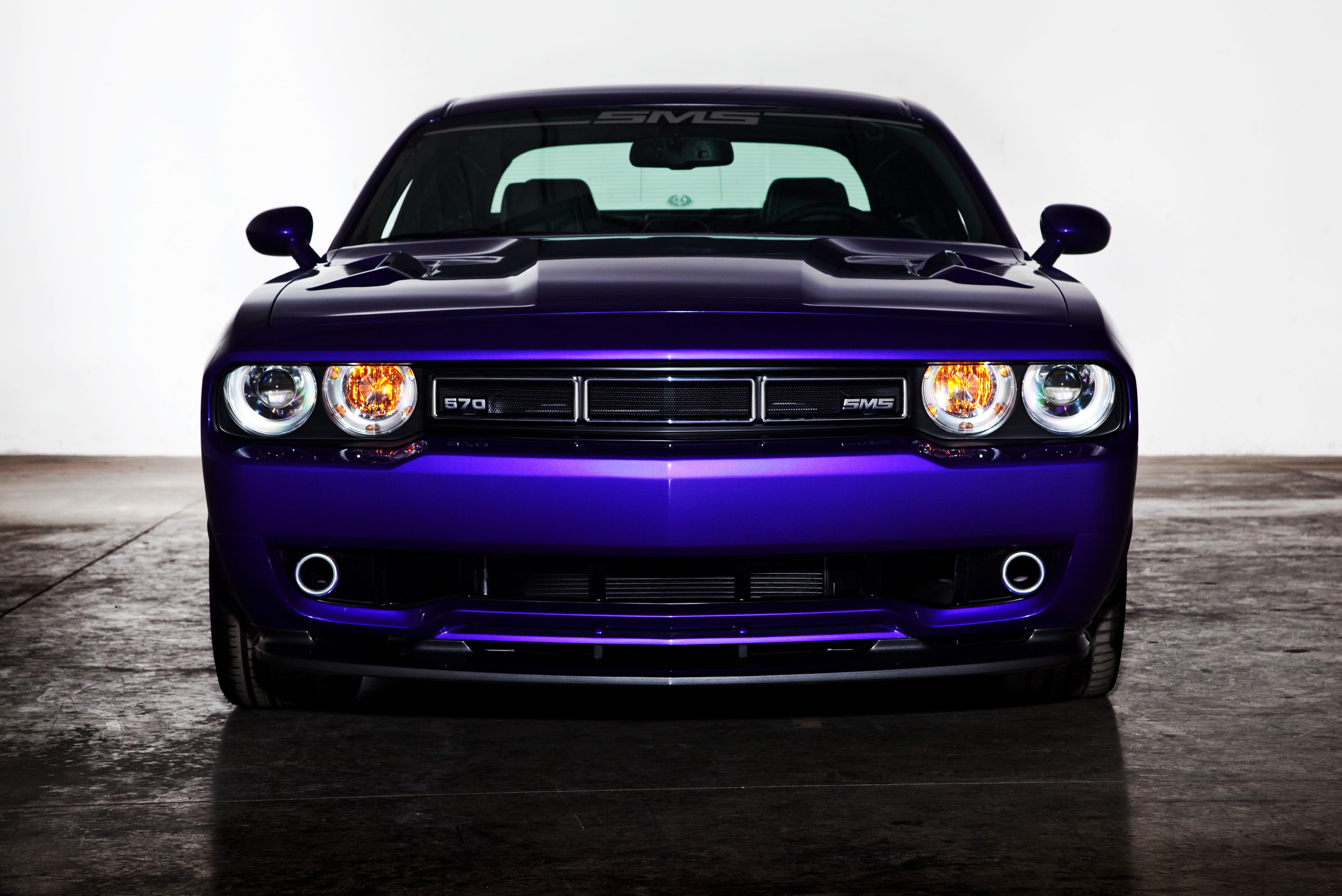 gray, purple cars, table, no people, motor vehicle, headlight, standing, vehicle, antique, studio shot, transportation, Dodge Challenger, 4K, land vehicle, HD Wallpaper