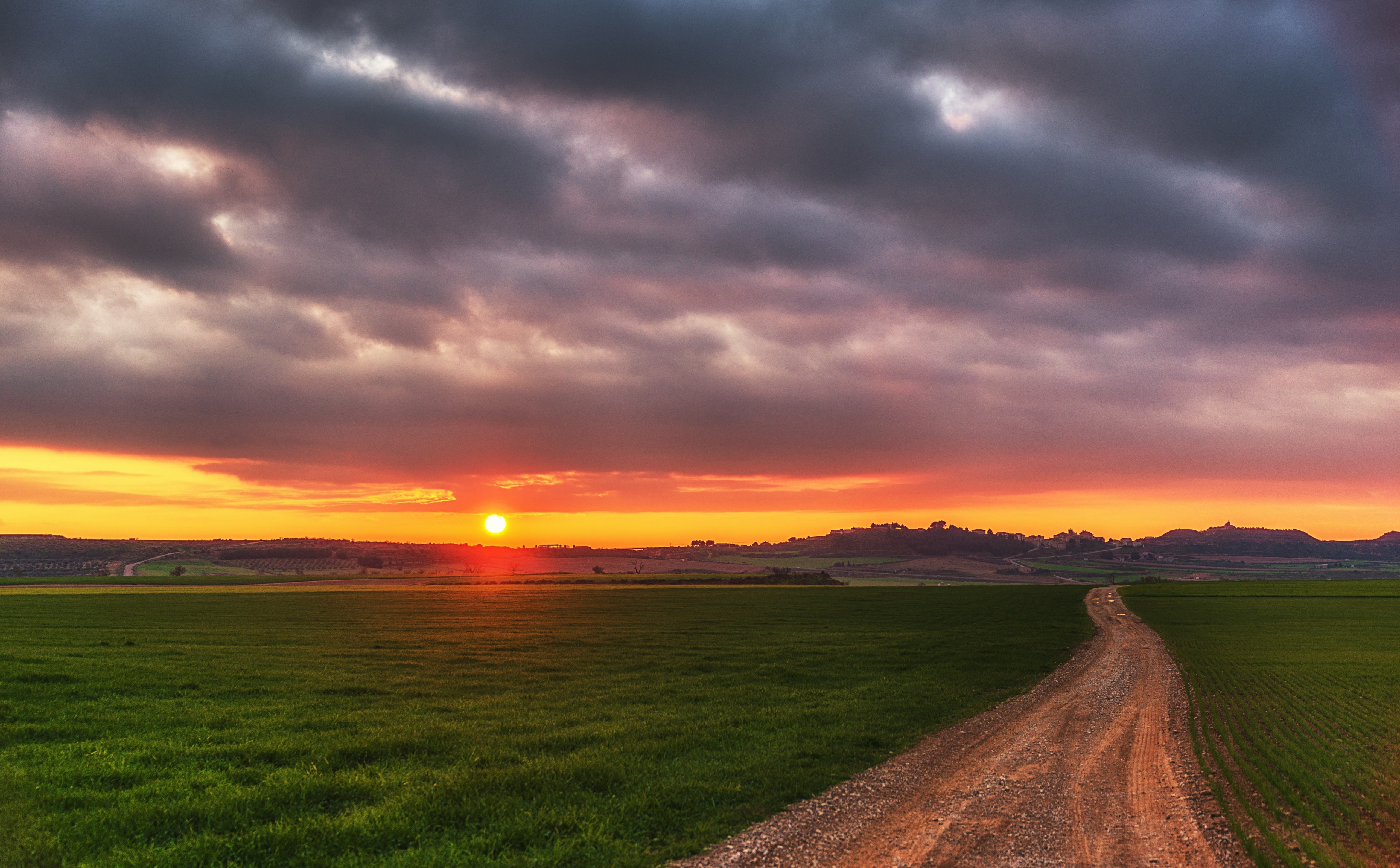 Landscape, Sunset, Clouds, Horizon, countrydirtroad, Path, country, 5K, dirt, road, Spring, dirtroad, Nature, Seasons, Reddish, HD Wallpaper
