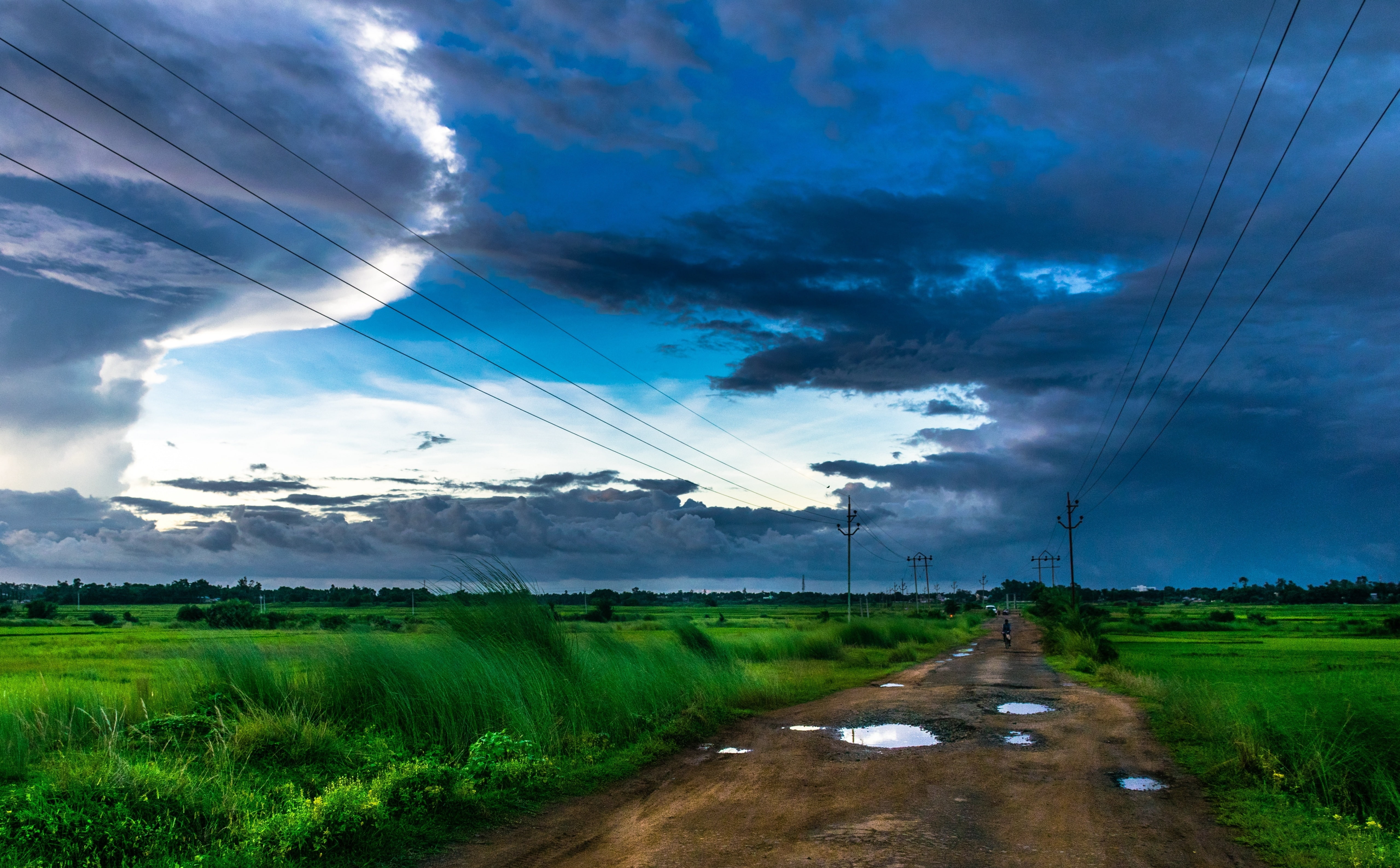 cable, field, technology, sky, Clouds, environment, puddles, Storm, rural scene, Evening, Nature, 5K, countryroad, plant, scenics - nature, land, electricity, HD Wallpaper