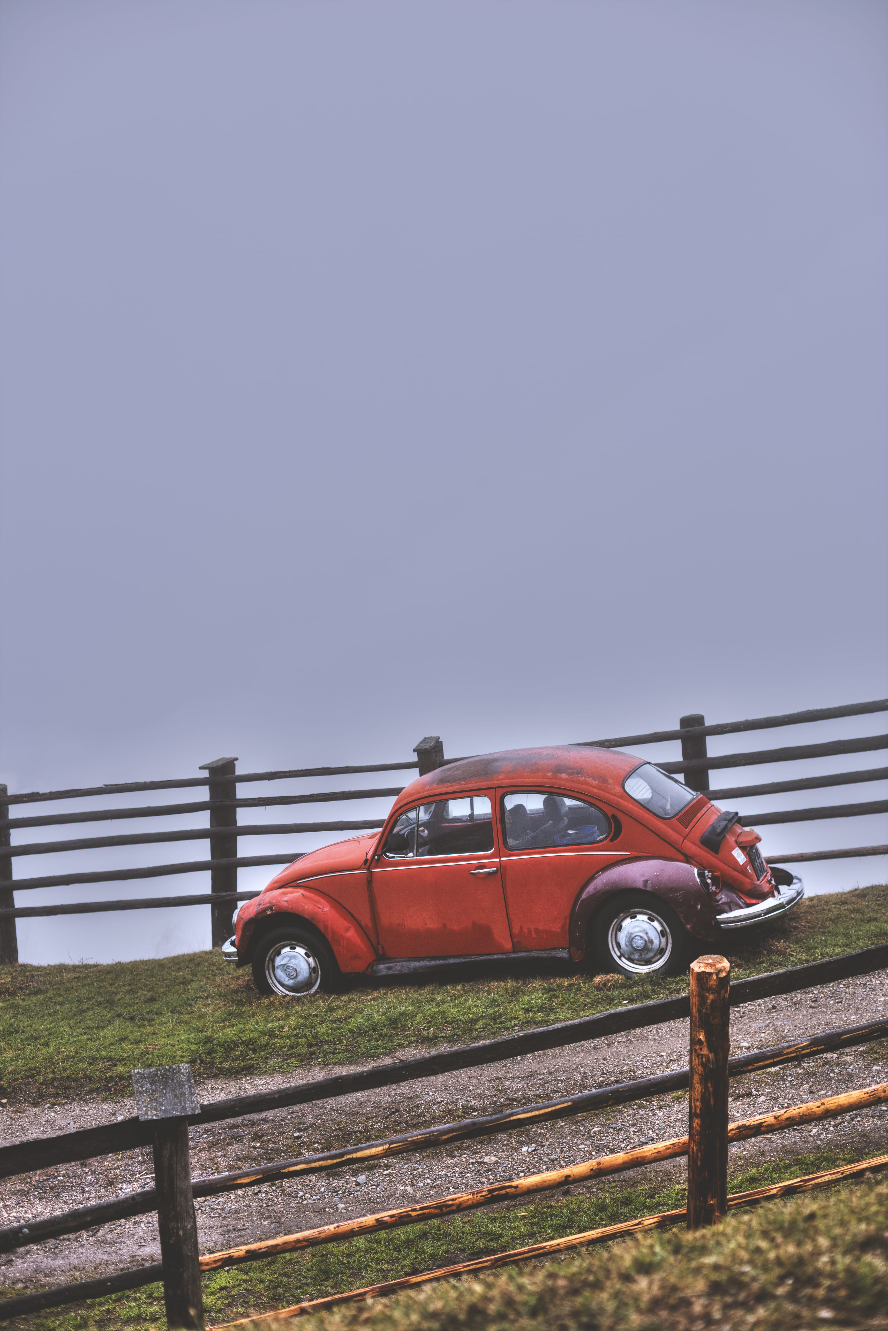 transportation, rail, parked car, vintage car, rusty, country road, clear sky, volkswagen, copy space, road, field, rusty car, wooden fence, railing, fence, Phone HD Wallpaper